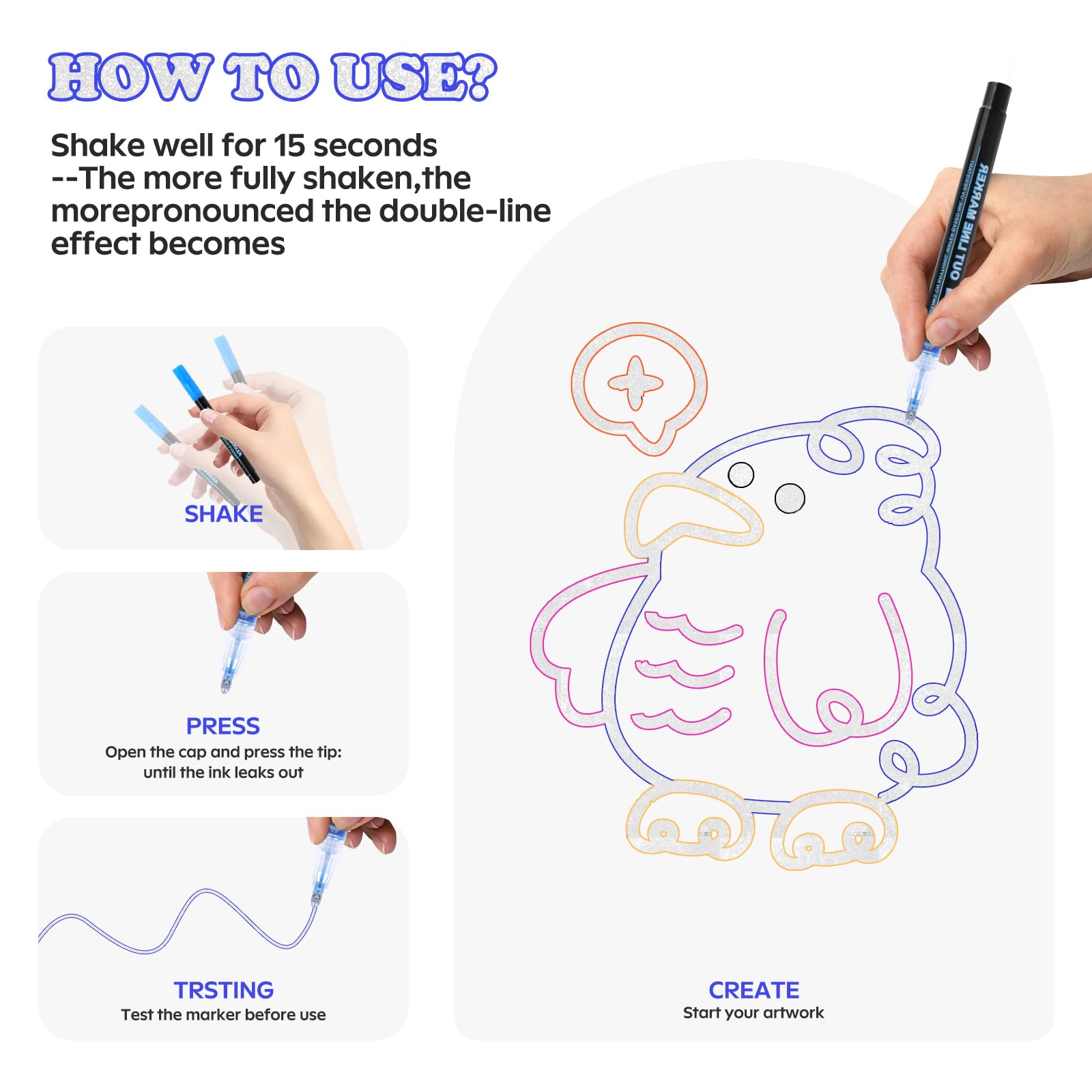 GenuisArt Double Line Outline Markers, 12 Colors, Art Markers For Kids,Art Supplies Crafts Gifts for 4-12 Year Old Girl,Metallic Glitter Pens Set for Gift Cards,Rock Painting,Coloring Book Product Image 3