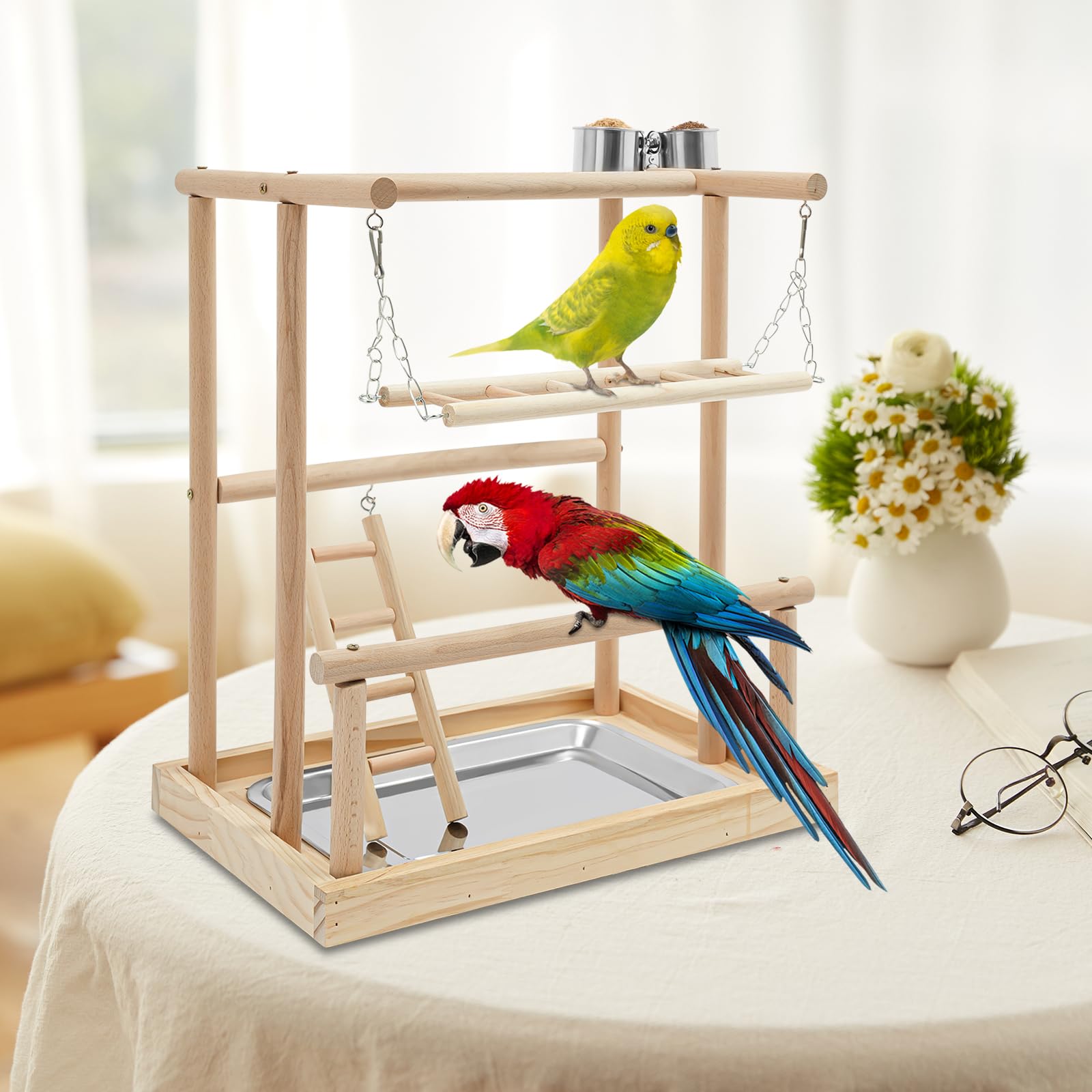 Papageienspielregal Holzvogelspielstand Vogelspielplatz mit Leiter und Kletterschaukel aus Holz und Edelstahl 40x26x45.5cm Naturholz Für Wellensittiche Ziegensittiche Kleinvögel