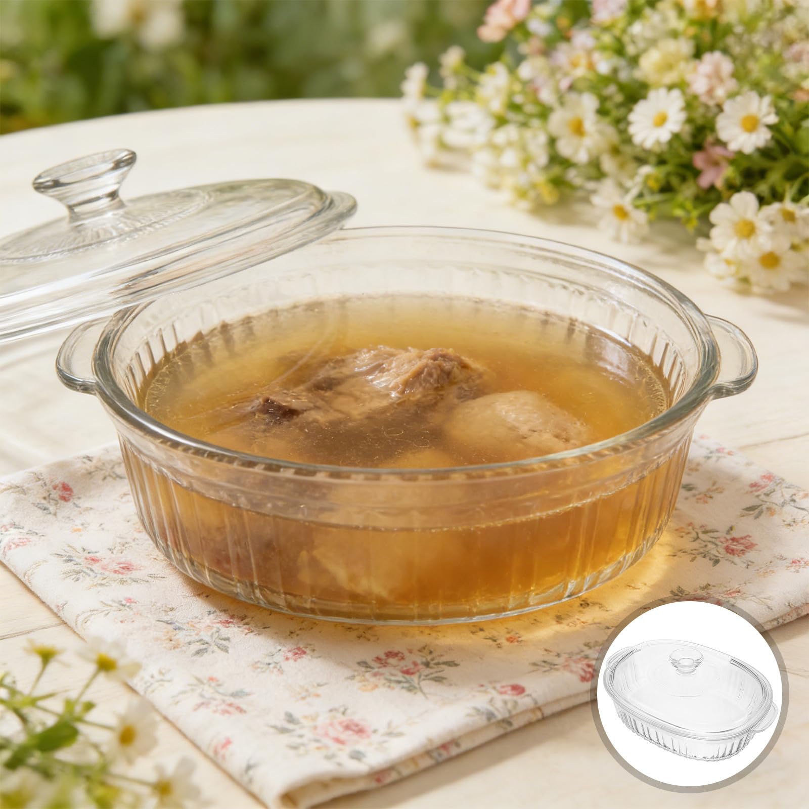 KICHOUSE Ciotola in Vetro Resistente al Calore con Coperchio, Forma Ovale, Capacità 1.9qt e 9qt, Adatta per Forno e Microonde in Cucina Domestica