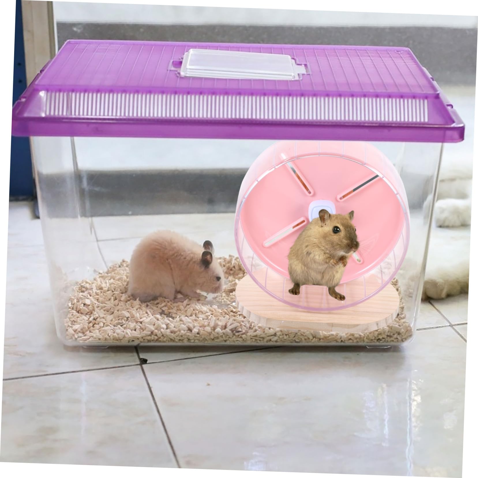 SHINEOFI Rueda Silenciosa para Ejercicio de Hámster y Chinchilla con Base de Madera Accesorio para Jaula de Pequeños Roedores y Erizos Color Rosa