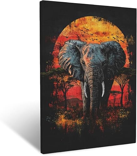 Elephant Canvas Wall Decor Sunset Sunrise Scenery Framed Art Prints for Man Wome
