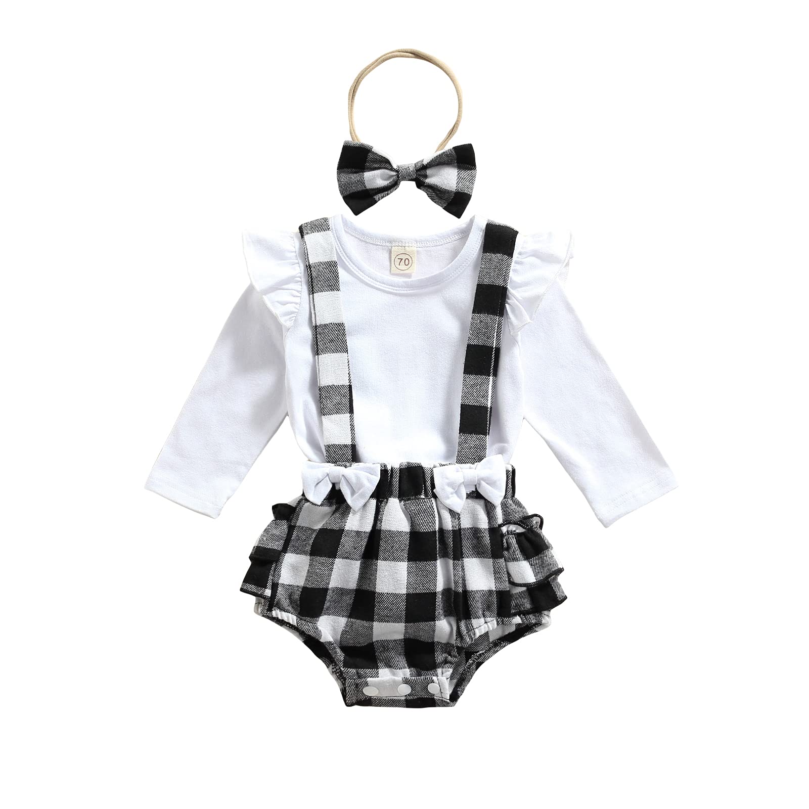 Newborn Baby Girl Christmas Outfit Ruffle Solid Long Sleeve Top Buffalo Plaid Suspender Shorts Headband Fall Clothes (Buffalo Plaid-Black,0-3 Months)