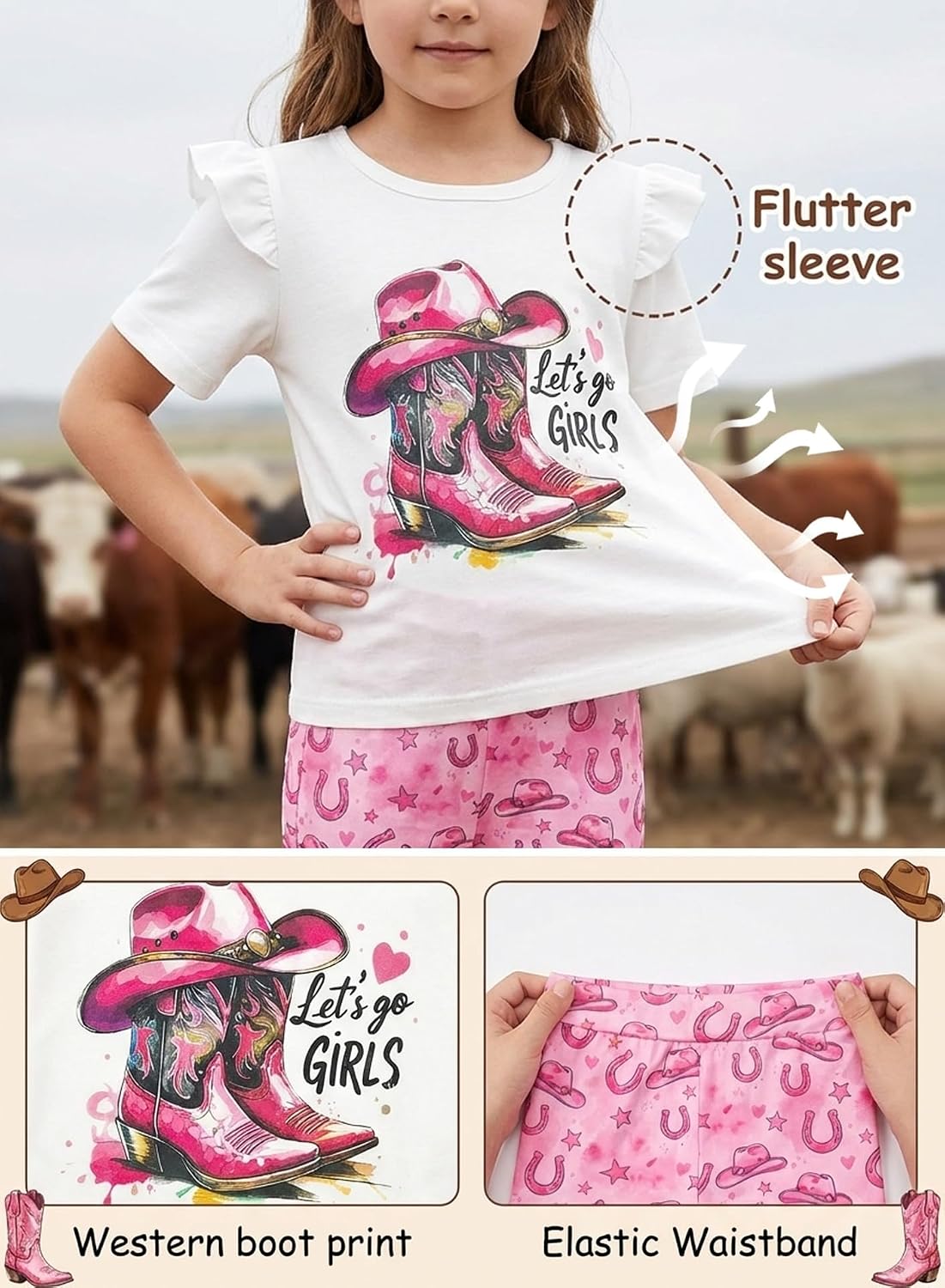 Toddler Girl Western Bell Bottom Outfits - Cowgirl Boots Short Sleeve Shirt Boho Flared Pants 2pcs Summer Clothes