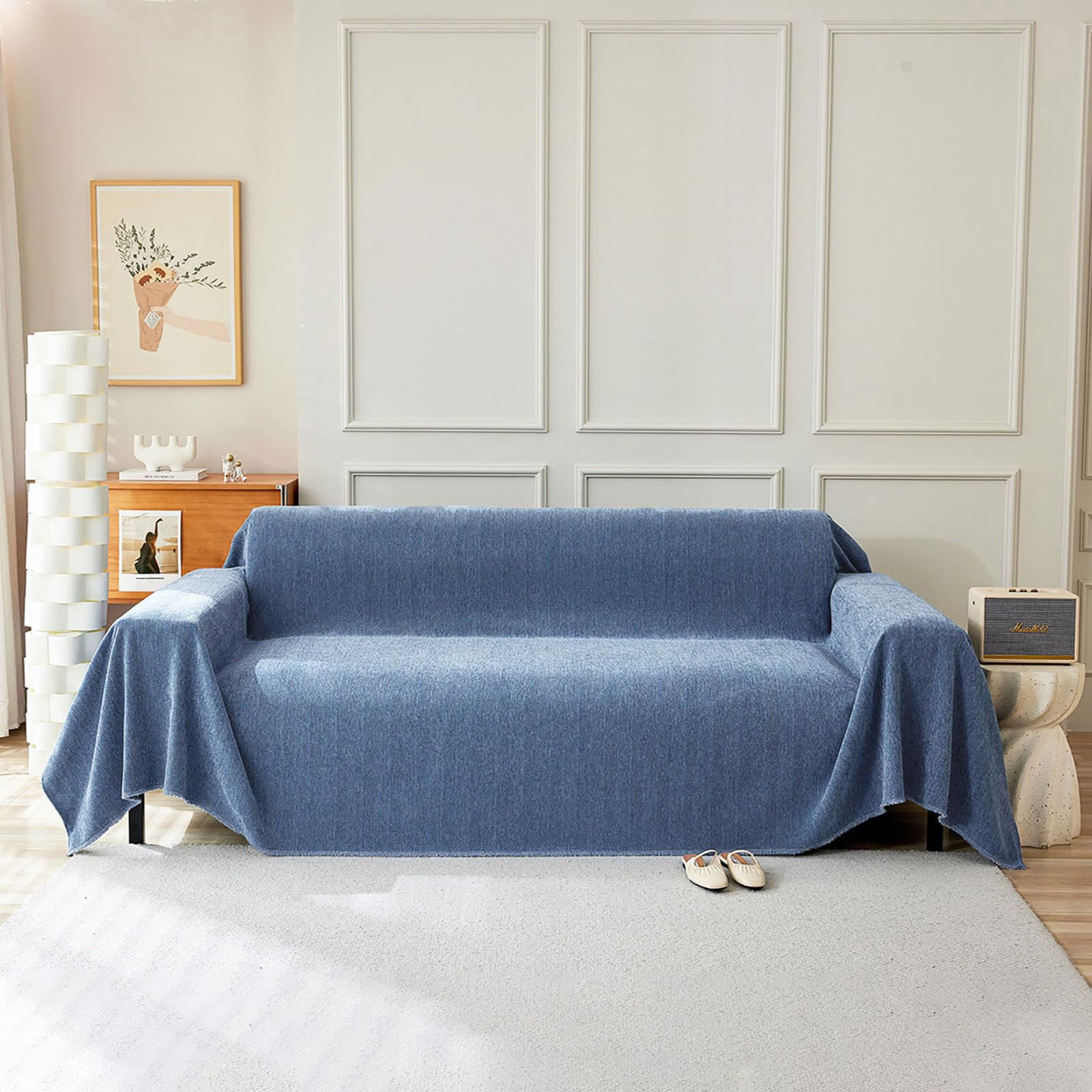 STACYPIK Modern Blue Sofa Covers Washable Couch Covers for Dogs, Jacquard Herringbone Couch Covers for 3 Cushion Couch, Non Slip Pet Sectional Sofa