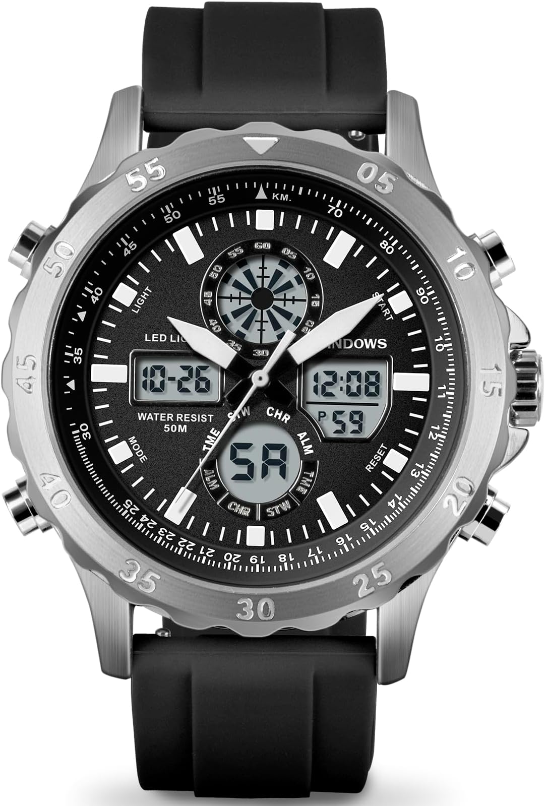 PINDOWS Watch for Men Big Dial Analog Digital Black Silicone Sport Multifunction Luminous LED Dial Waterproof Watches Fashion Wristwatches