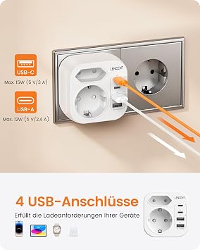 LENCENT Double Plug for Socket with USB C Multiple Socket with USB