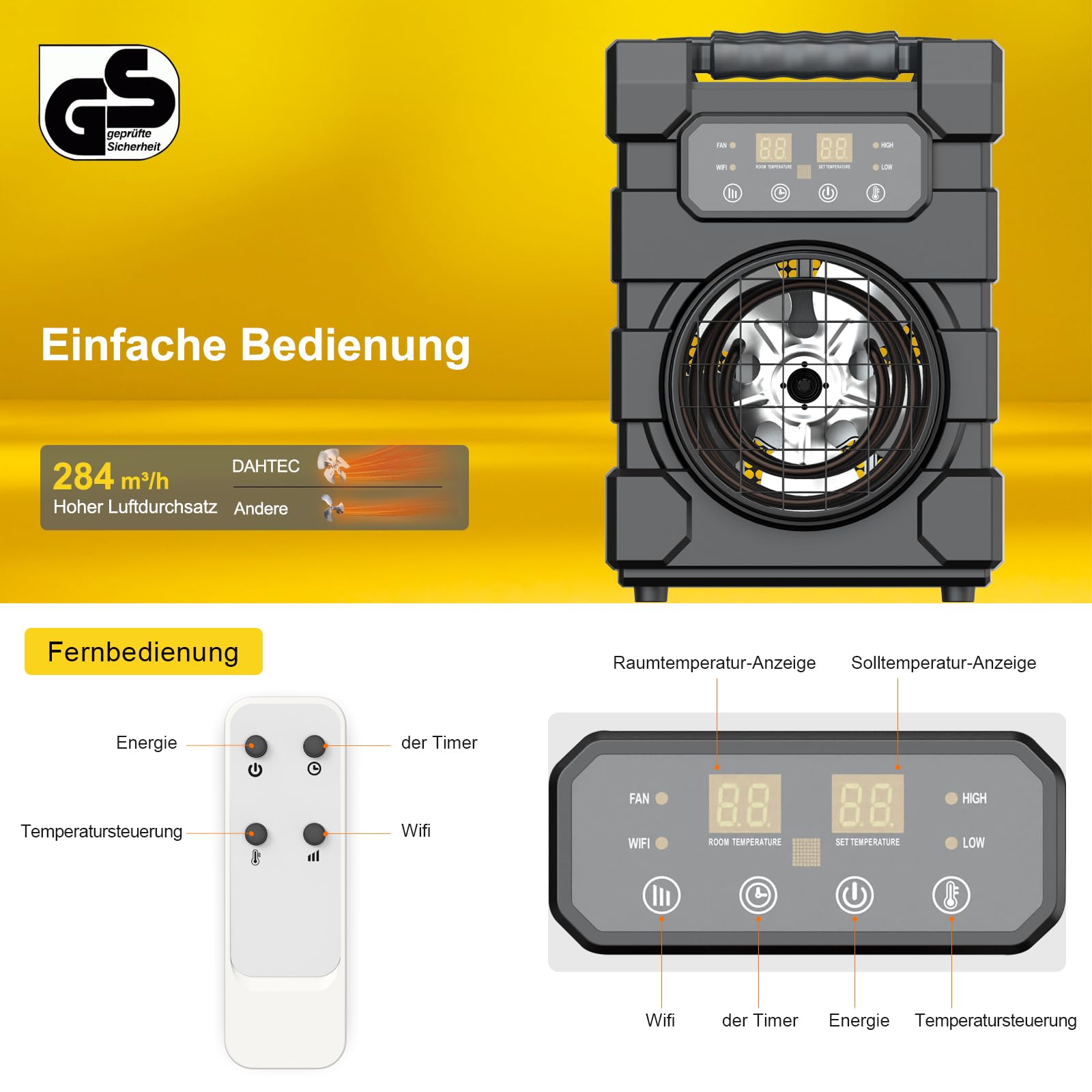 Professioneller Elektro Heizlüfter 2000 Watt mit Fernbedienung, WIFI | Schwerem Stahlgehäuse, Überhitzungsschutz, mit Thermostat, Bautrockner für Baustelle, Garage