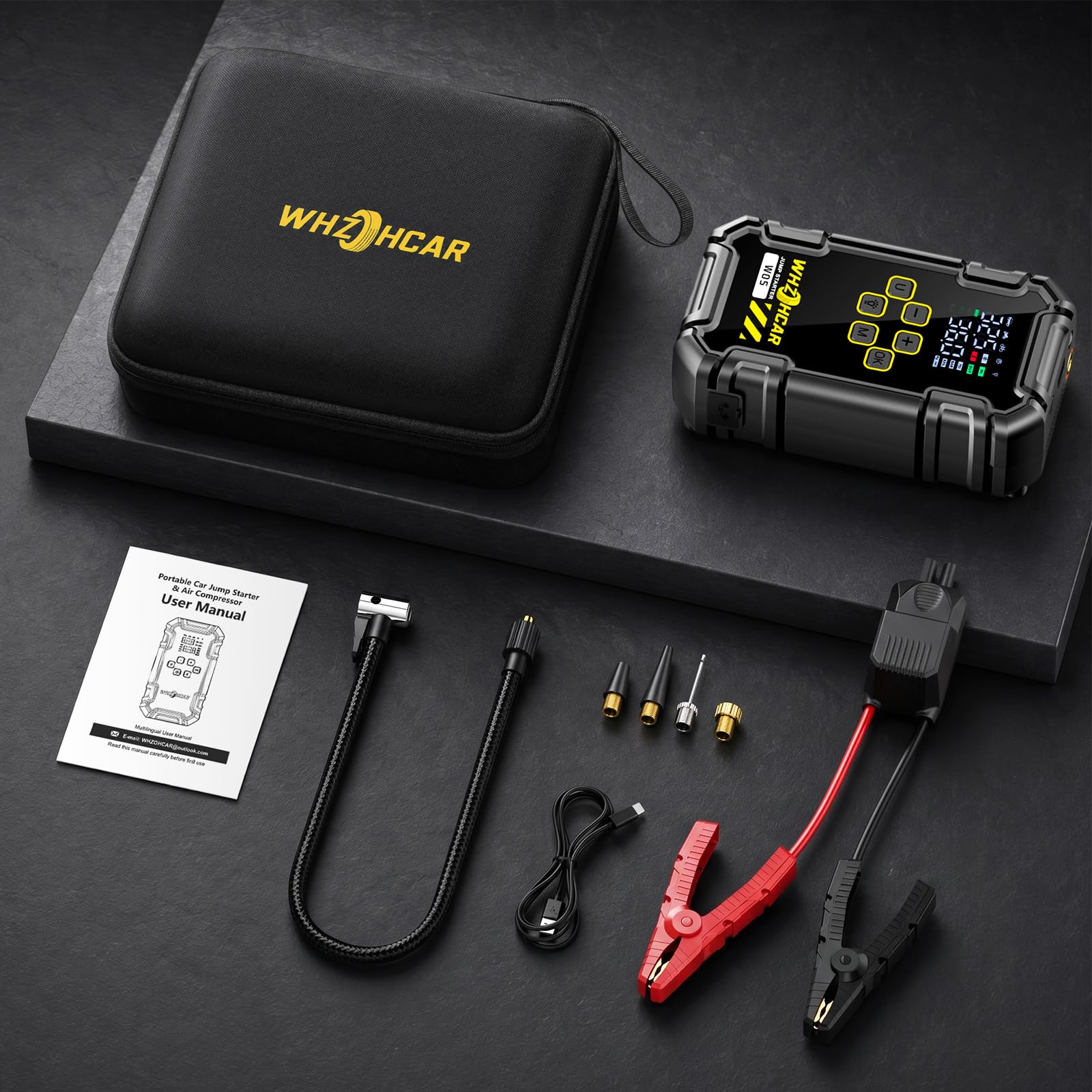 Booster Batterie Voiture 9000A avec Compresseur 160PSI, Démarreur Batterie Voiture 12V pour Tous Gaz/10L Diesel, Jump Starter avec Gonfleur Pneus, Écran LCD et 2 Lampes LED