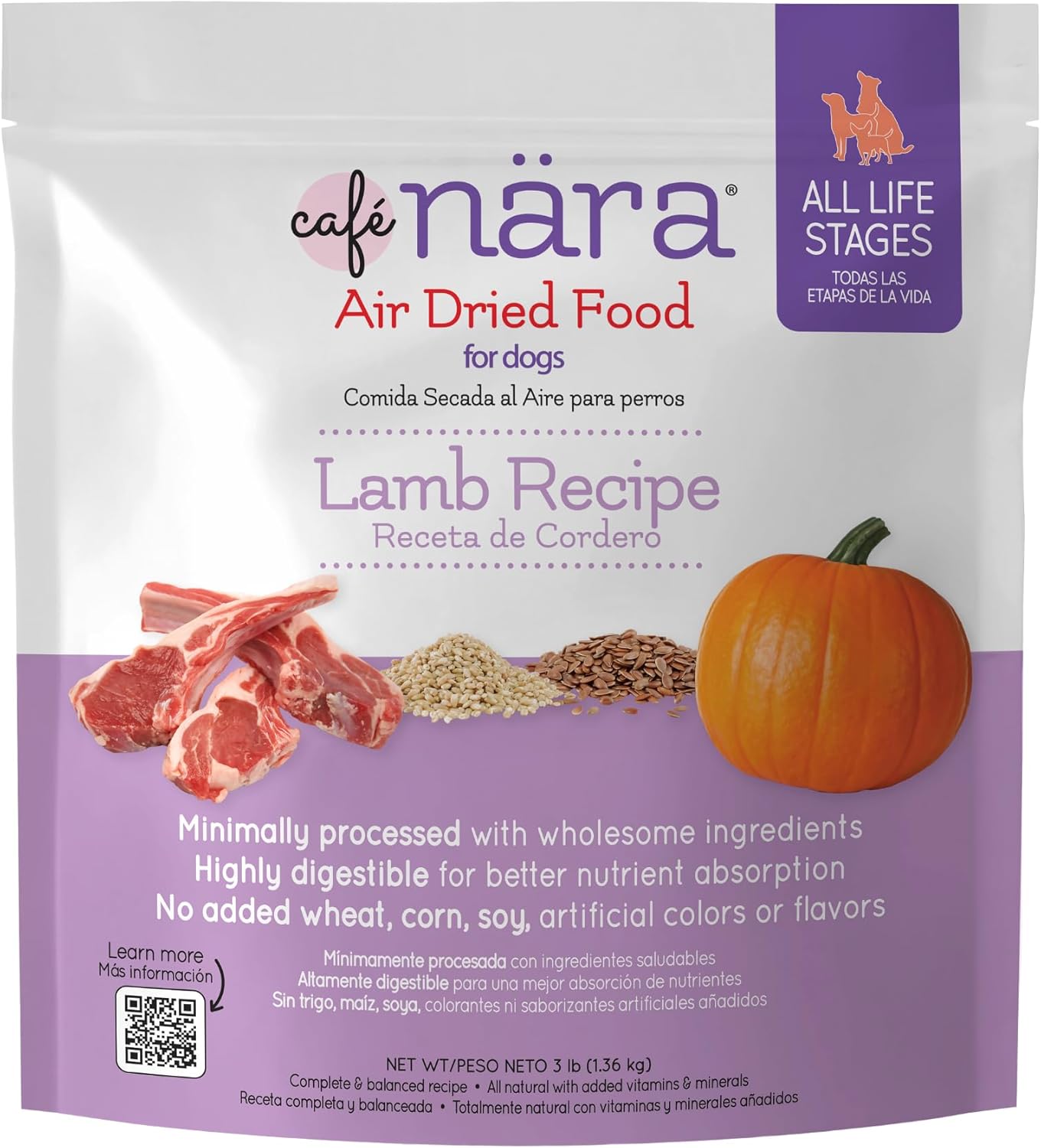 Café Nara - Lamb Air-Dried Food for Dogs - Complete Meal, Food Topper or Treat - Minimally Processed & Highly Digestible - for All Breeds & Ages - Wheat, Corn & Soy Free - Made in USA - 3 lb Bag