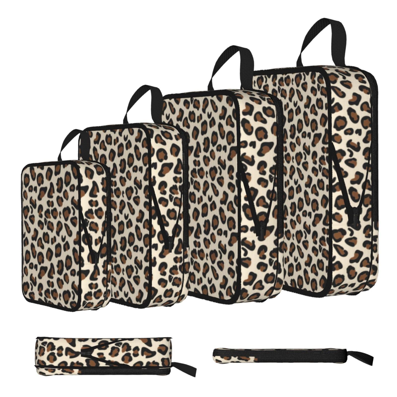 Leopard Print Print 4 Set Compression Packing Cubes For Suitcases,Expandable Storage Bags Organizers