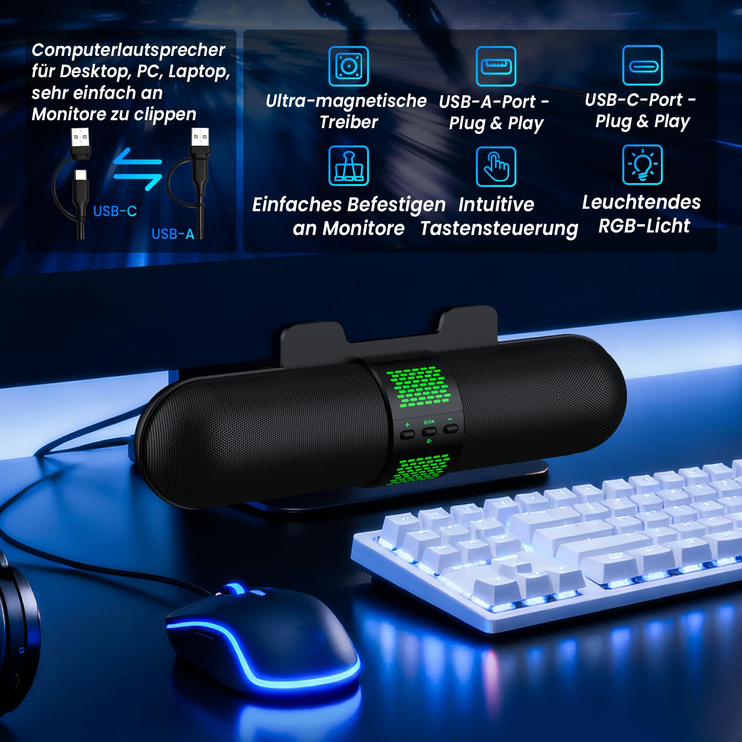 BESTISAN Computer-Lautsprecher, PC-Lautsprecher mit Bluetooth & Typ-C (USB) Modus; USB-betriebene Monitorlautsprecher mit Clip-on-Design, Gaming-Lautsprecher für PC/Desktop/Laptop; LED-Lichtanzeige