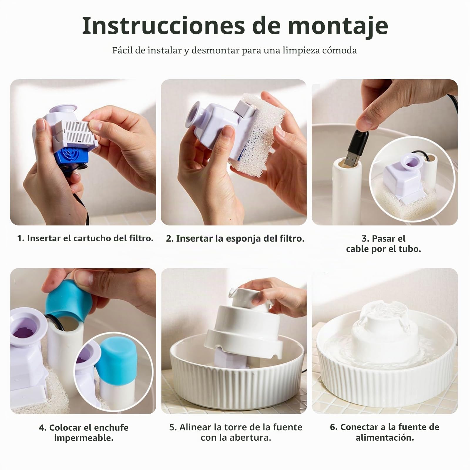 Fuente de agua para gatos de cerámica, fuente de agua de 2,1 L para gatos, dispensador de agua para gatos con 1 filtro y espuma y 1 bomba ultra silenciosa, blanco