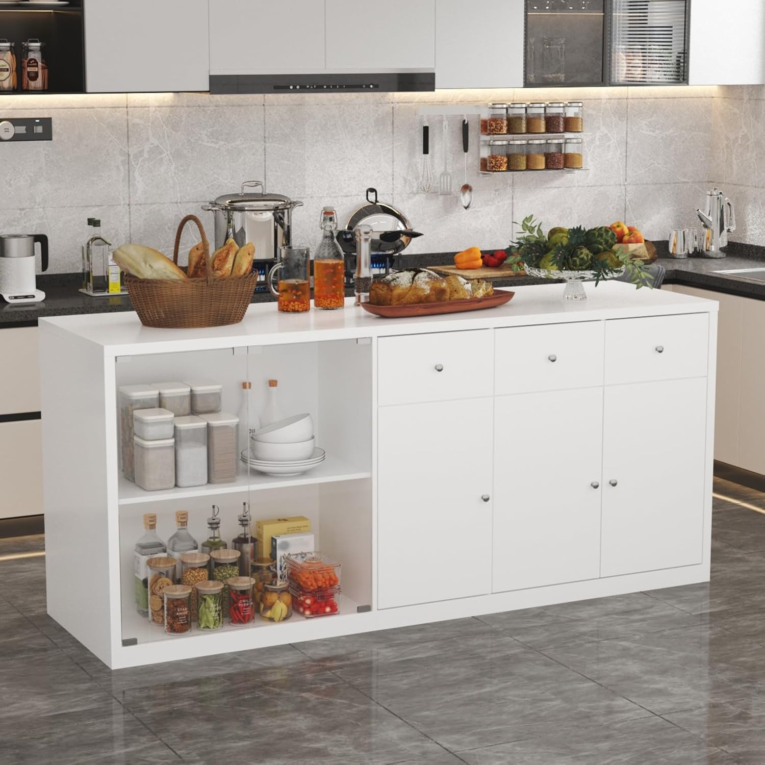 78.7” Kitchen Island with Glass Doors, Bar Island Table with 3 Drawers & 2 Cabinets, Pop-up Design, Sliver Metal Handles, for Dining Room White 78.7”W x 23.6”D x 35.4”H