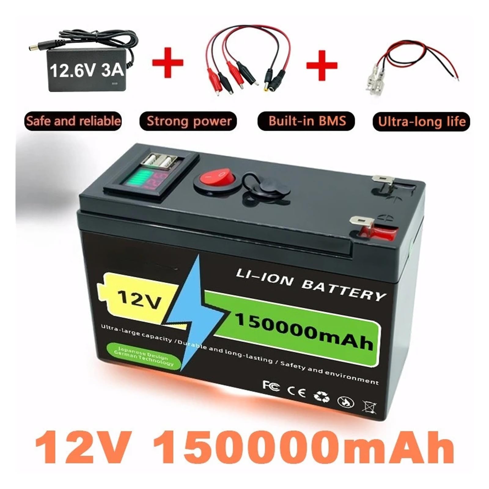 60AH Stessa batteria al litio ferro fosfato da 12 V di grande capacità Batteria di resistenza for accumulo di energia esterna da 150 Ah(1PC 80AHcharger)