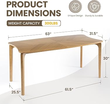 HNY Modern Curved Edge Dining Table, 63 Solid Wood Kitchen Table with Herringbone Pattern Mid-Century Rectangular Dinner Table for 6-9 People, Natural Oak Finish