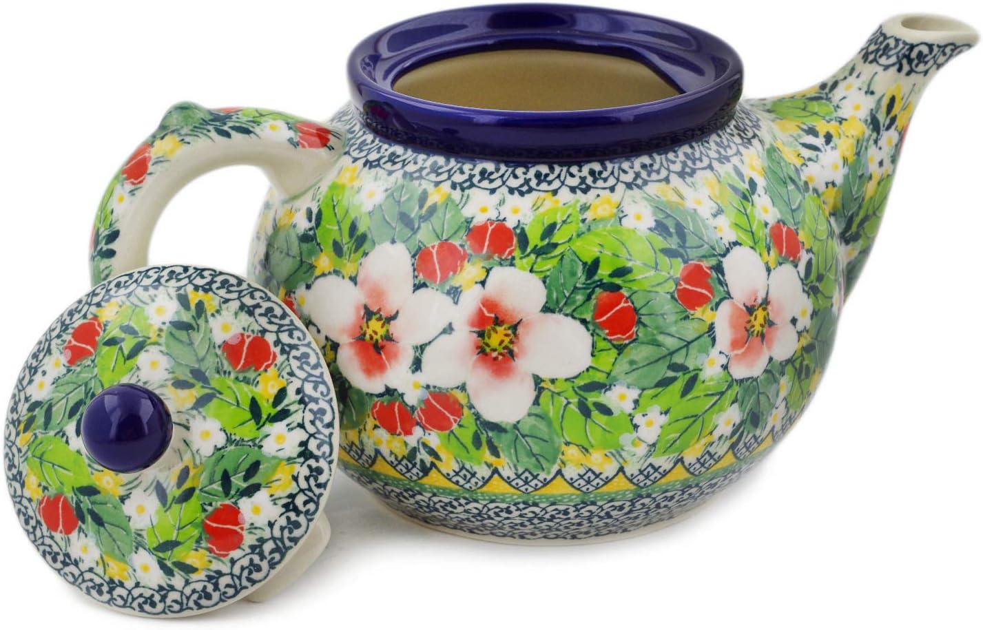 Polmedia Polish Pottery Tea or Coffee Pot UNIKAT - Country Boutique Pattern Handmade in Boleslawiec Poland by Ceramika Artystyczna + Certificate of Authenticity