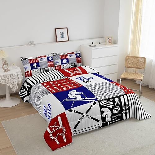 Miniatura 3 de Erosebridal Juego de edredón de esquí para niños, juego de ropa de cama de esquí, juego deportivo para niños, jóvenes, negro, azul, rojo, retazos
