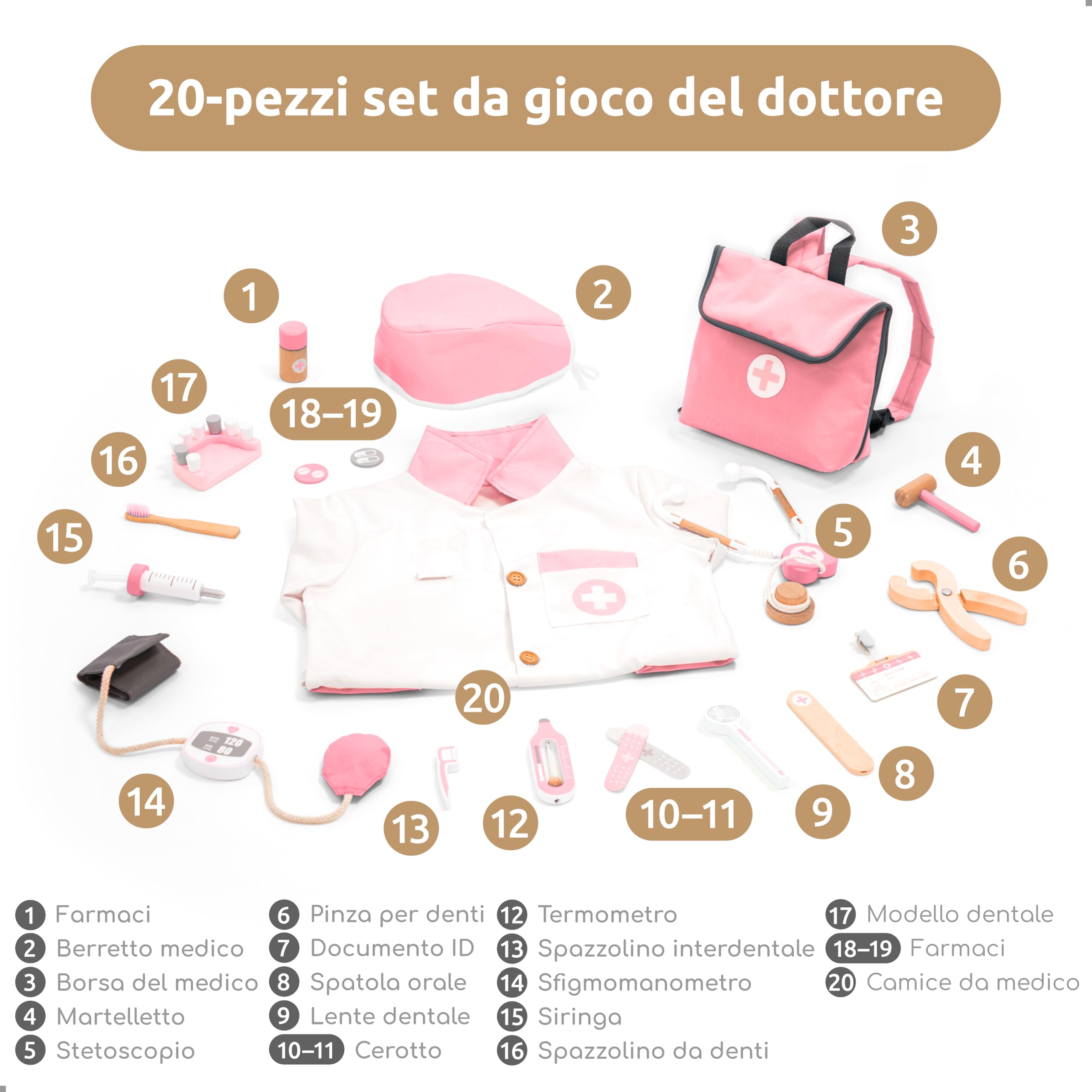 UMU® Valigetta Dottoressa Bambina in Legno – Kit Medico da 20 Pezzi con Stetoscopio Giocattolo, Vestito Dottoressa, Accessori Dentista e Altro – Gioco del Dottore per Bambine di 3, 4, 5 Anni
