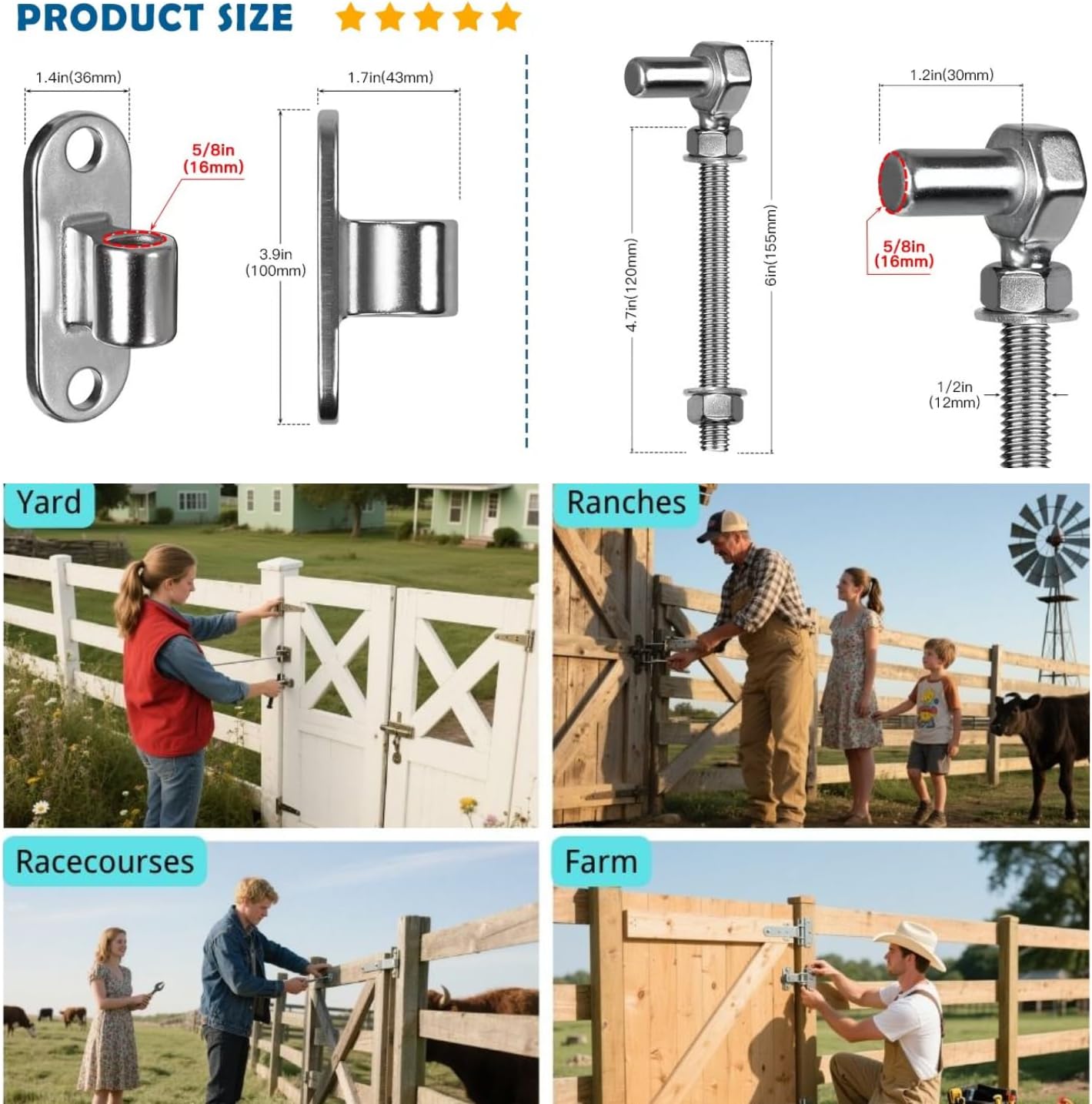 Farm Heavy Duty Gate Hinges, 2 Packs 6" SUS304 J Bolt Wall Mount Gate Hinges for Wooden or Concrete Fence with 5/8'' Pin, Farm Gate Capacity Up to 600lbs