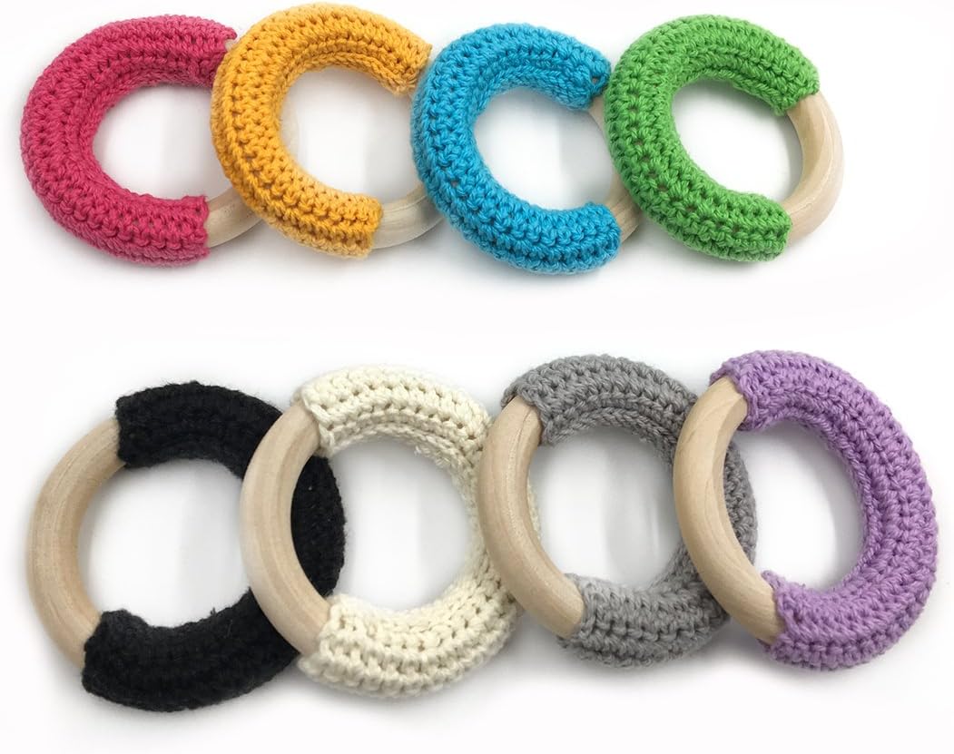 Coskiss 12pcs 5cm(1.97'') Wood Teether Baby Teething Toy Natural Maple Cotton Wooden Ring Charms Chunky Crochet Ring Baby Teether DIY Baby Teether Accessories (12pcs)