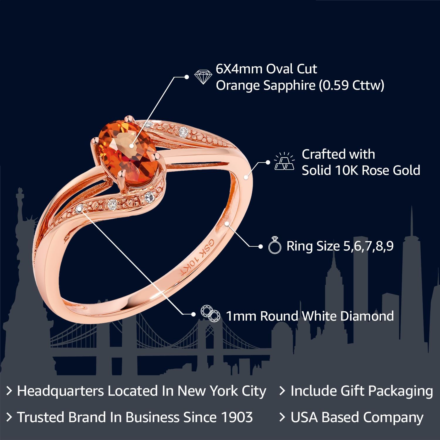 Gem Stone King 10K Rose Gold Gemstone Birthstone and Diamond Bypass Engagement Ring for Women | Oval 6X4MM | Split Shank Design | Promise Wedding Anniversary Ring