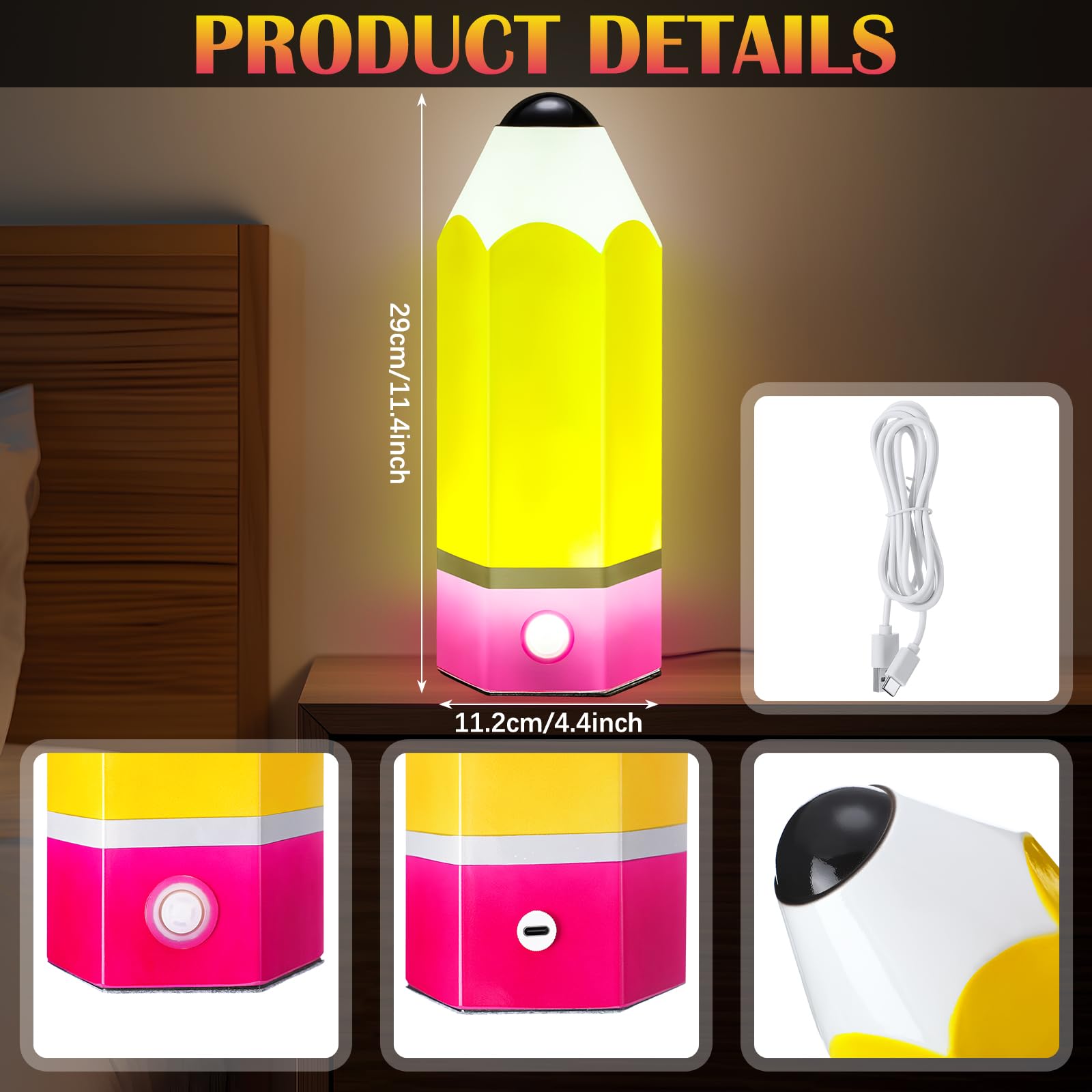 VIHOSE Klasa ołówkowa lampa szklana LED design powrót do szkoły klasa lampa prezenty 29 cm regulowane wielokolorowe lampki nocne materiały dla nauczycieli szkół podstawowych biurko dom sypialnia