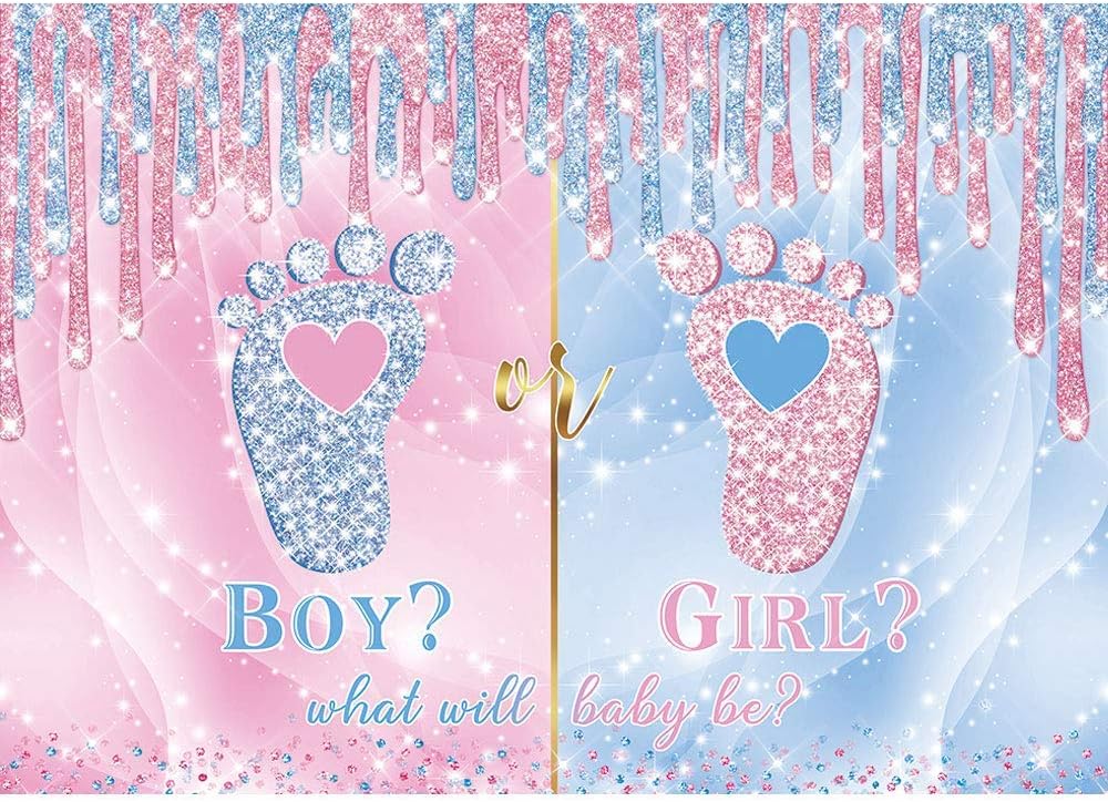 Maijoeyy Boy or Girl Gender Reveal Backdrop,Little Feet Gender Reveal Party Supplies,7x5ft Vinyl Backdrop for Gender Reveal Party
