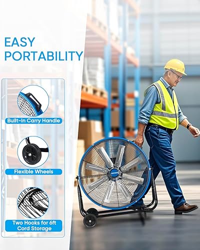 Miniatura 6 de KEN BROWN Ventilador de tambor industrial de 24 pulgadas, ventilador de piso de alta velocidad, resistente, 9500 CFM, 8 cuchillas, 3 velocidades,