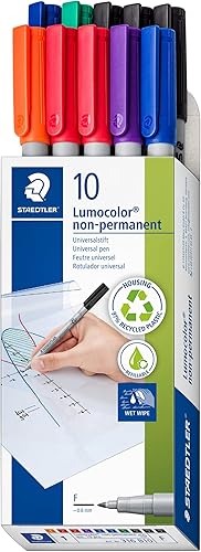 STAEDTLER 316 B10 Lumocolor - Bolígrafo no permanente, ancho de línea fina, 0.024 in, colores surtidos (paquete de 10)