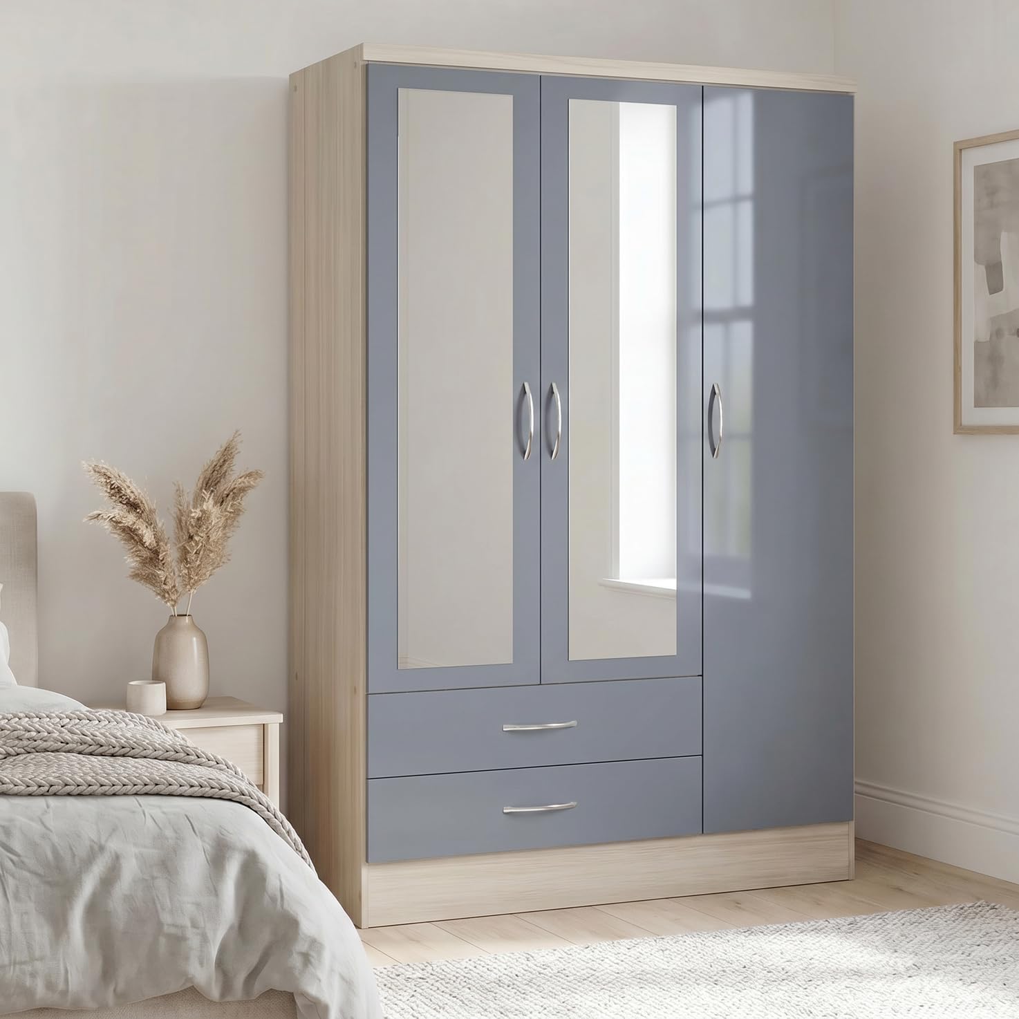 Seconique Nevada 3 Door 2 Drawer Wardrobe,Grey Gloss/Light Oak
