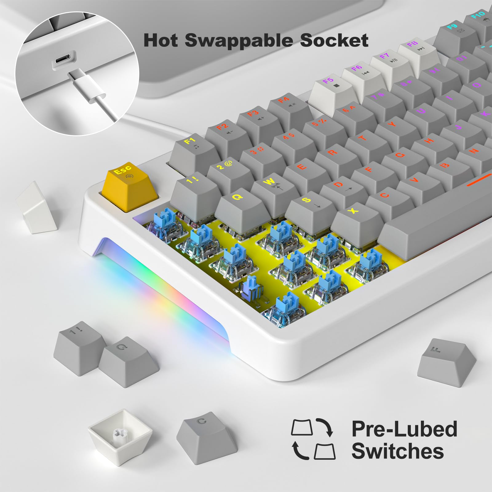 AK96 klawiatura mechaniczna inteligentny wyświetlacz i pokrętło, mocowanie od góry 96% przewodowa klawiatura mechaniczna USB-C, hot swap, obsługa oprogramowania, kremowy dźwięk, 96 klawiszy