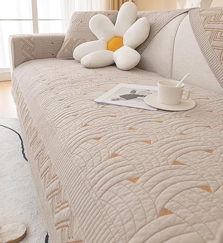 Miniatura 1 de vctops Funda acolchada de algodón de color liso para sofá, con patrón de tejido suave, funda de sofá modular con bordado antideslizante para perros,