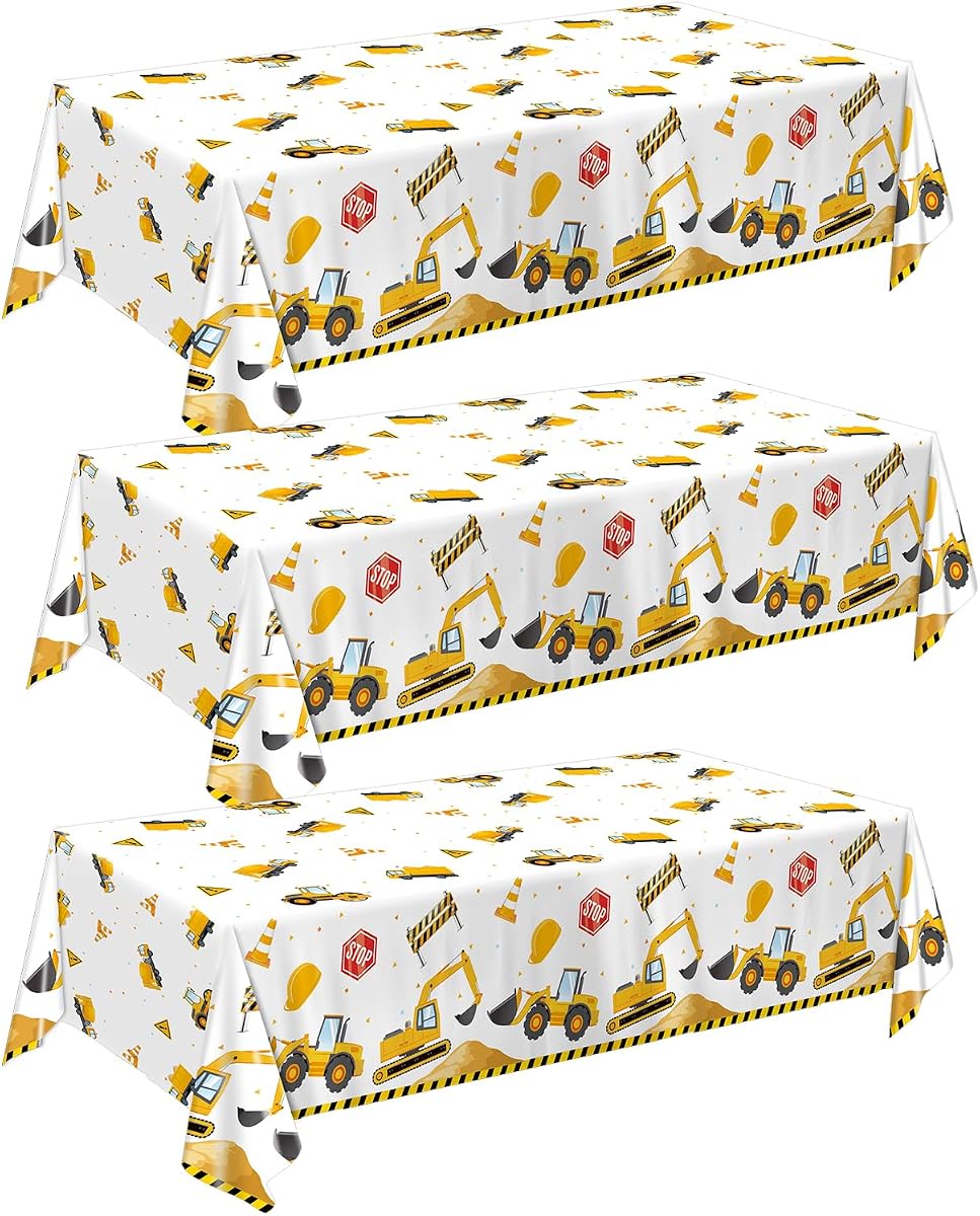 QIYANPAX 3 Pack Construction Plastic Birthday Party Tablecloths, 54 x 108 Inches - Truck Excavator Table Covers for Construction Birthday Decorations
