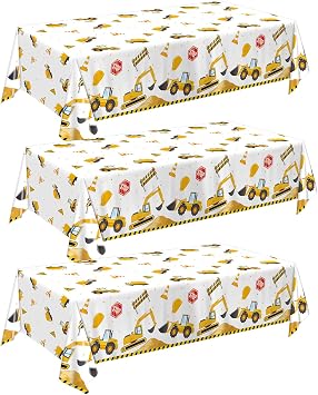 QIYANPAX 3 Pack Construction Plastic Birthday Party Tablecloths, 54 x 108 Inches - Truck Excavator Table Covers for Construction Birthday Decorations