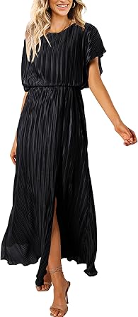 ECOWISH Women Maxi Dresses Cocktail Party Wedding Guest Formal Pleated Long Dress Short Sleeve Slit Empire Waist Evening Gown