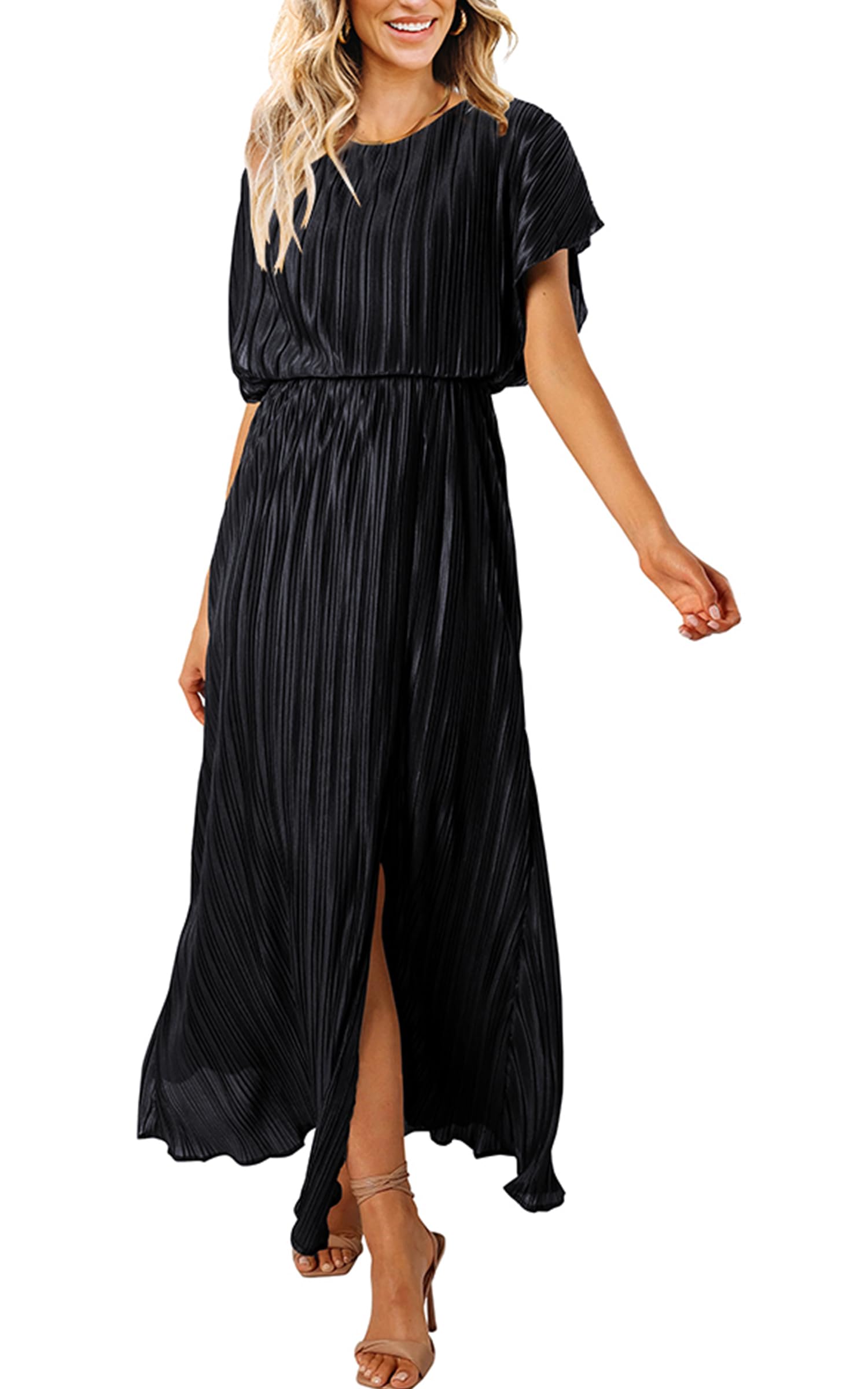 Photo 1 of ECOWISH Women Maxi Dresses Cocktail Party Wedding Guest Formal Pleated Long Dress Short Sleeve Slit Empire Waist Evening Gown Black Large