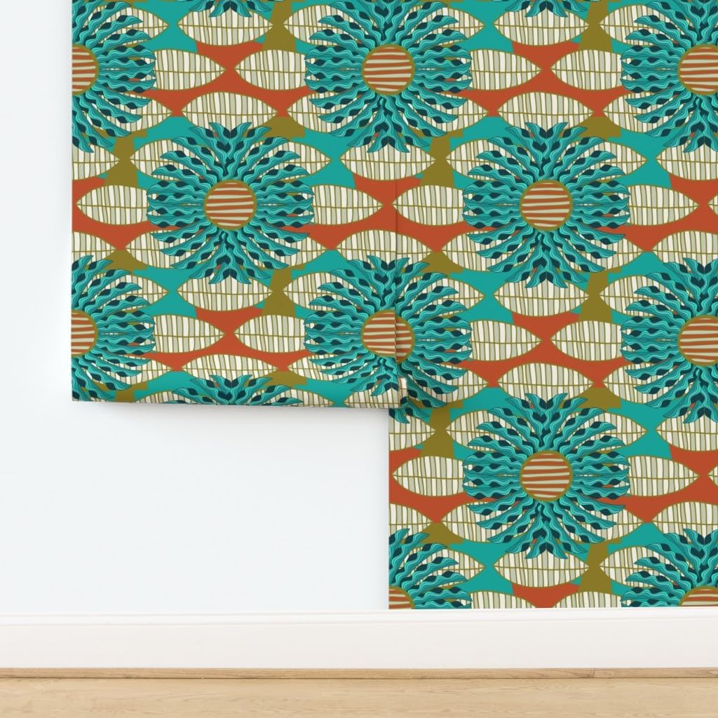 Peel & Stick Wallpaper 3ft x 2ft - African Leaf Mandala Print Turquoise Red Leaves Large Art Abstract Floral Nature Botanical Ethnic Custom Removable Wallpaper by Spoonflower