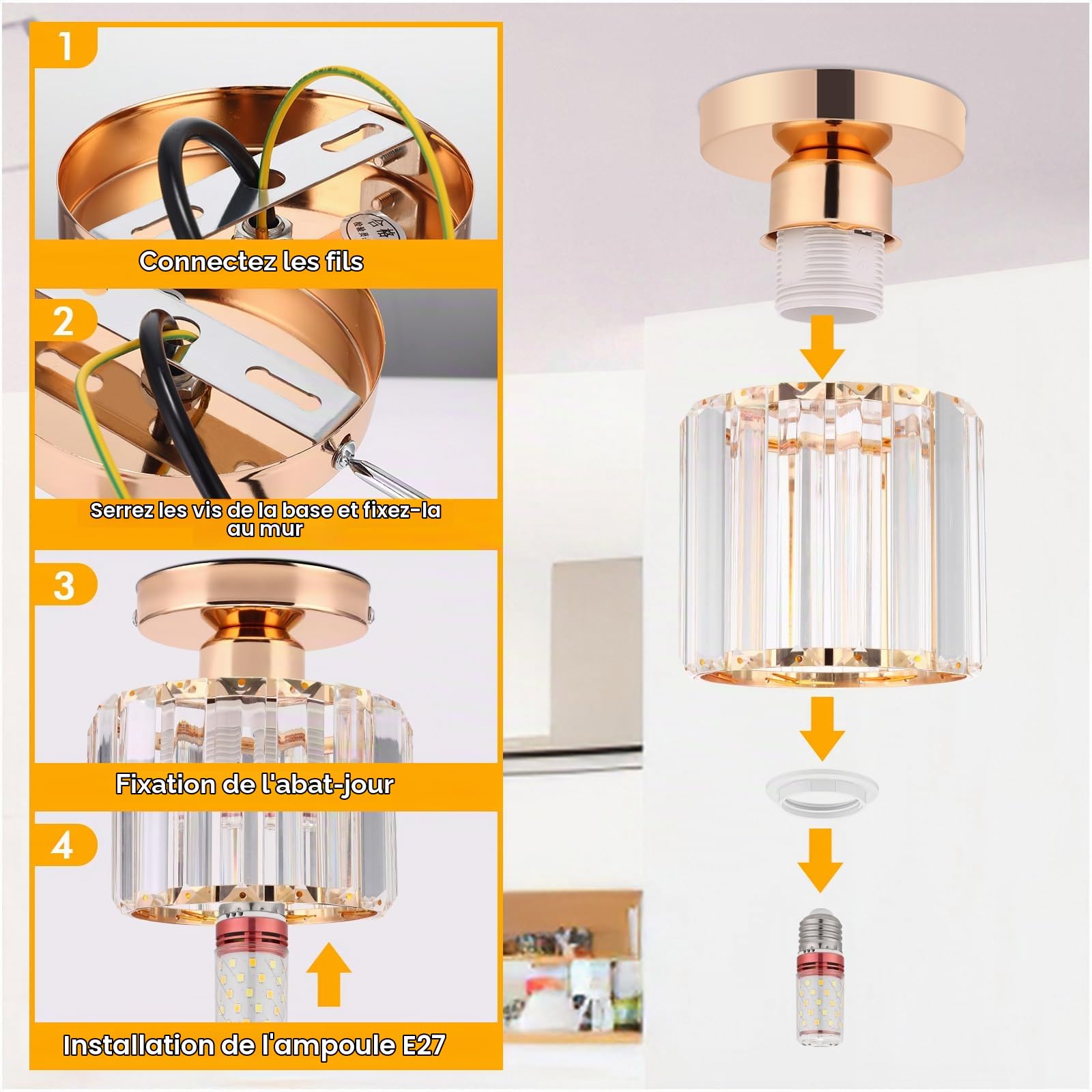 ALLOMN Plafonnier en Cristal Doré Semi-encastré, Lustre à LED Moderne pour Cuisine, Salle à Manger, Couloir, Salle de Bain, Balcon, Porche, Entrée