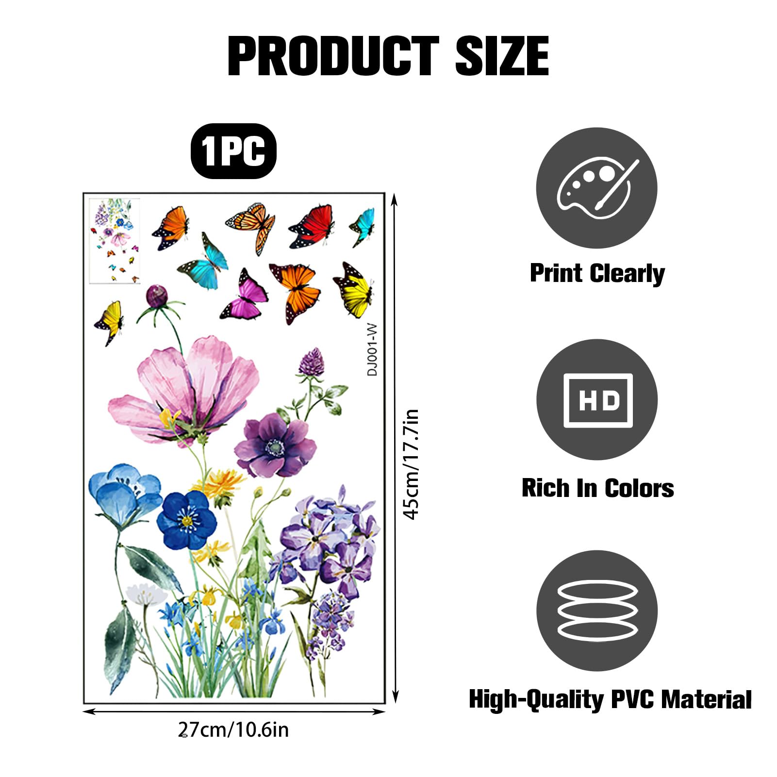 3 Stickers Électrostatiques Printemps BETESSIN - Motifs Fleurs, Papillons, Abeilles - 21x30cm - Pour Fenêtre