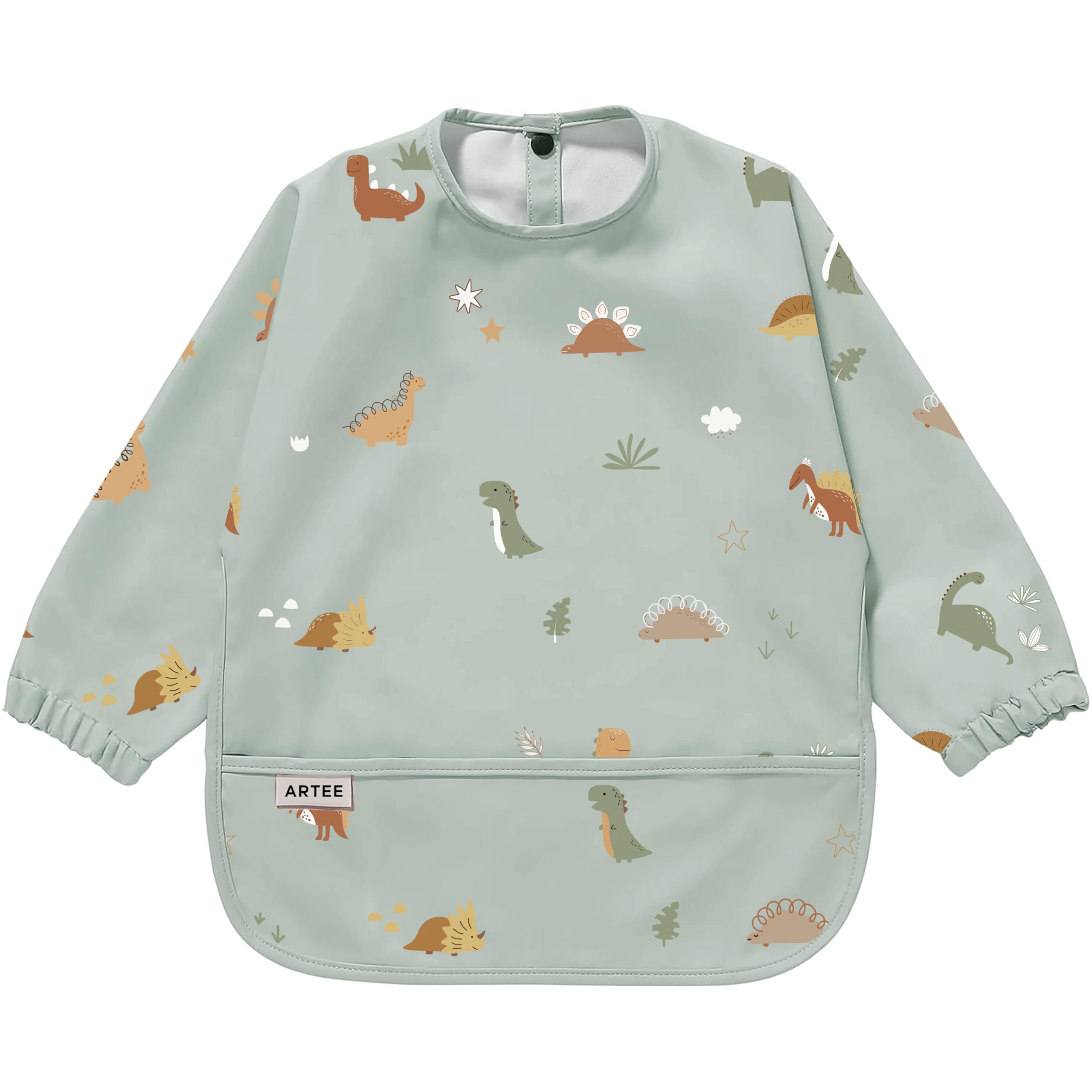 ARTEE Sleeved Bib Coated Waterproof Wipe Clean Bib with Sleeves Baby Waterproof Bib Gift, Dinosaurs, M