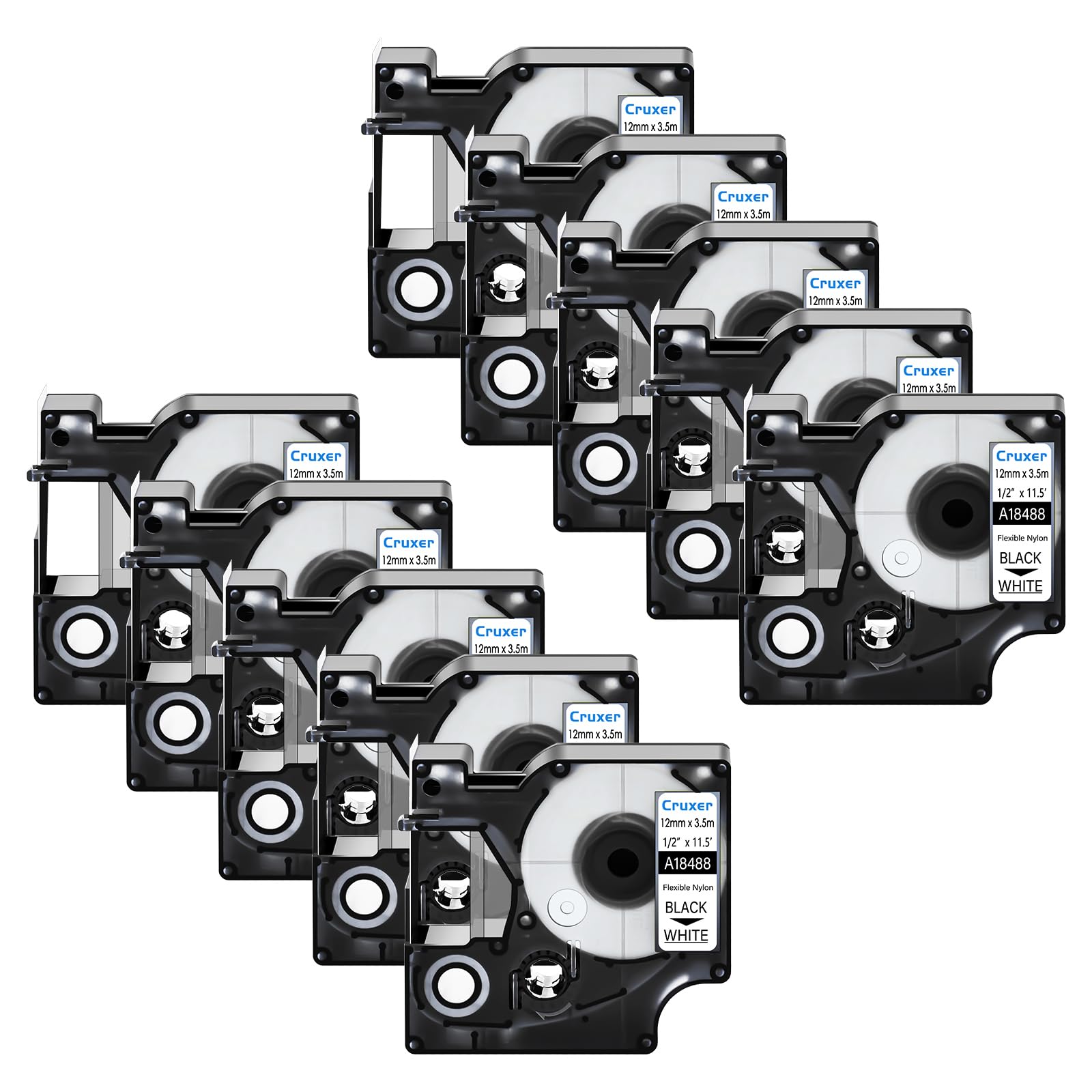 Paquete 10 Cinta Compatible Dymo Rhino 18488 Negro sobre Blanco 12 mm