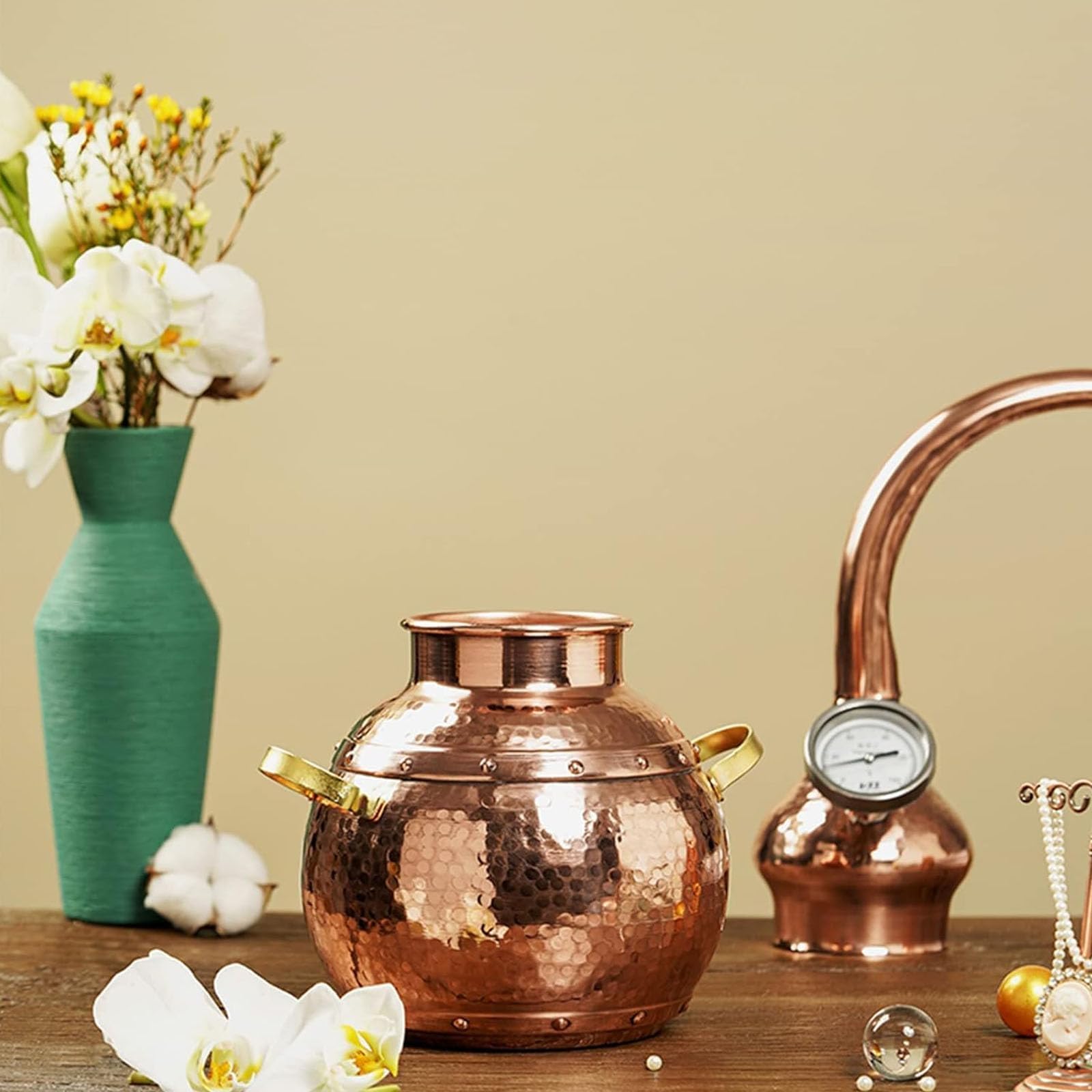 Kit de alambique de cobre puro, cobre Moonshine Still, destilador de hogar de 3 litros con termómetro, parte inferior de estufa de inducción, hermosa artesanía, métodos de calefacción de tubo de