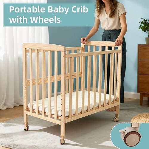 Miniatura 8 de Mini cuna portátil  Cunas de bebé convertible con colchón de espuma suave (33 x 20 pulgadas), cuna de noche de 6 alturas, cuna con ruedas para