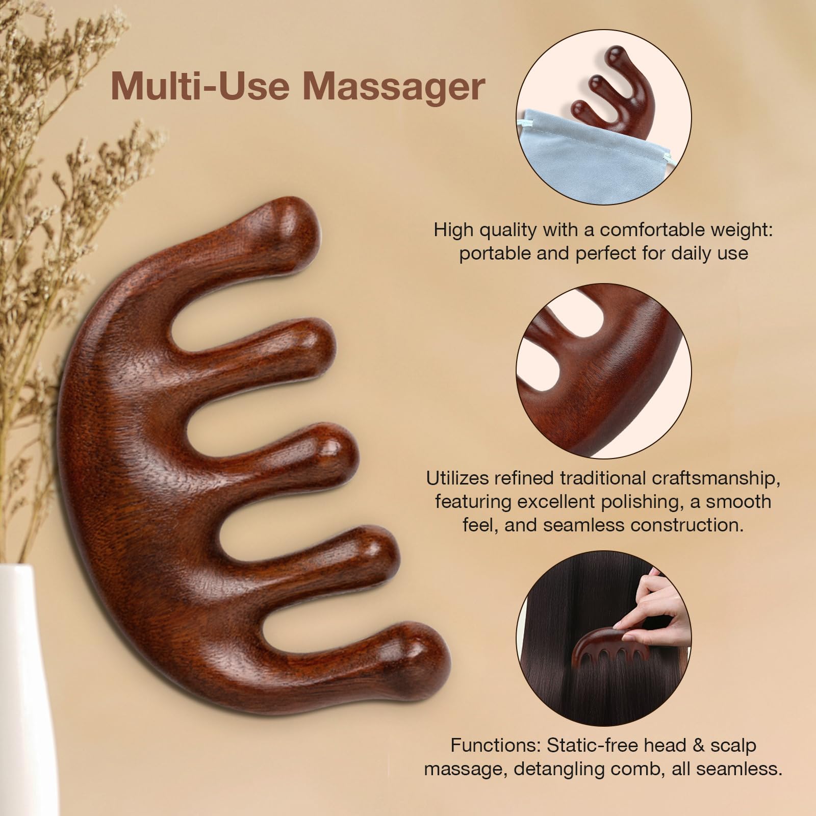 Peine masajeador de cuero cabelludo de madera natural para el crecimiento del cabello, herramienta de masaje de cabeza de 5 garras para aliviar el estrés, terapia Gua Sha y cuero cabelludo