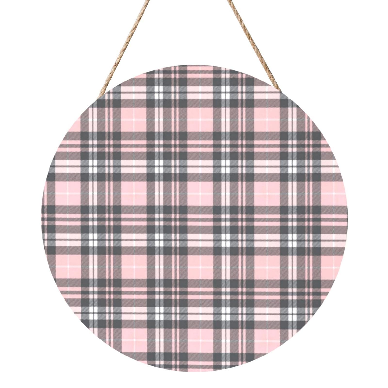 InOmak Pink Grey Plaid Tartan, Round Wood Panel Painting 12 in, Wall Hanging Painting For Home