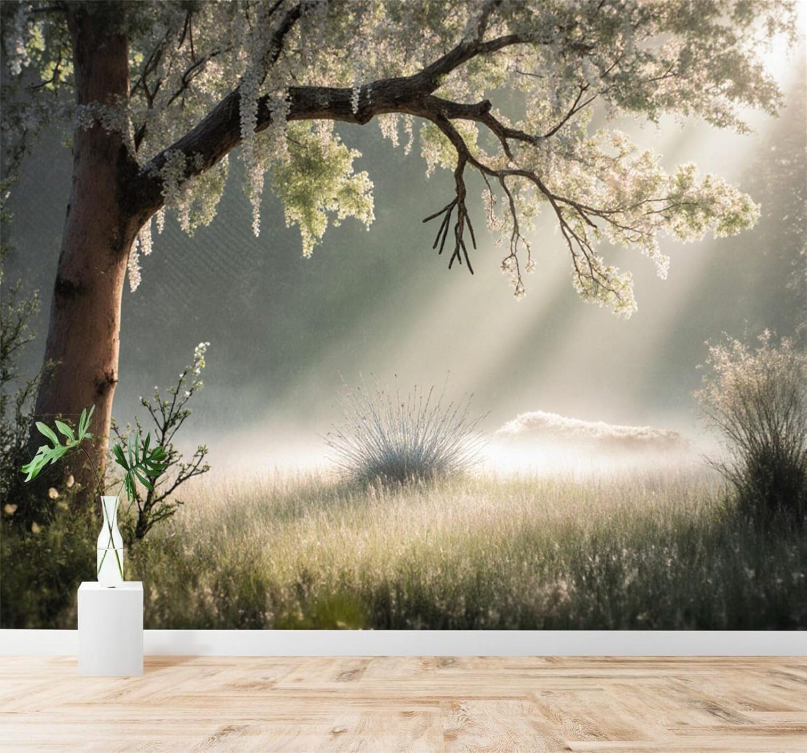 Xlming 150Cm×105Cm(B×H) Morning Light Filtering Through The Leaves Onto A Mist Shrouded Meadow Natural Landscape 3D Wallpaper Premium Textured Silk Study Dining Living Room Bedroom Sofa Tv Wall Easy Install-150Cm×105Cm