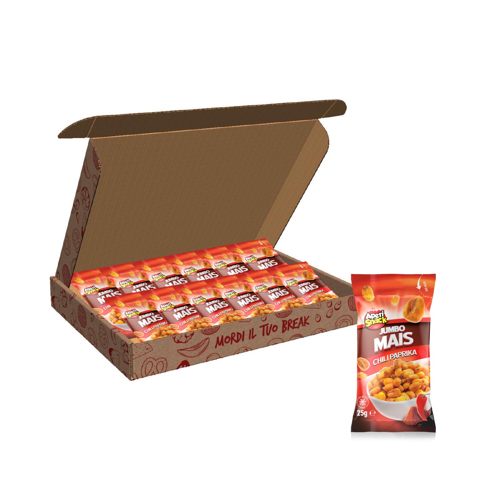 Aperisnack® - AP04.007.17 - Mais Jumbo Chili Snack Box 14 Monoporzioni da 25g Snack Tascabili