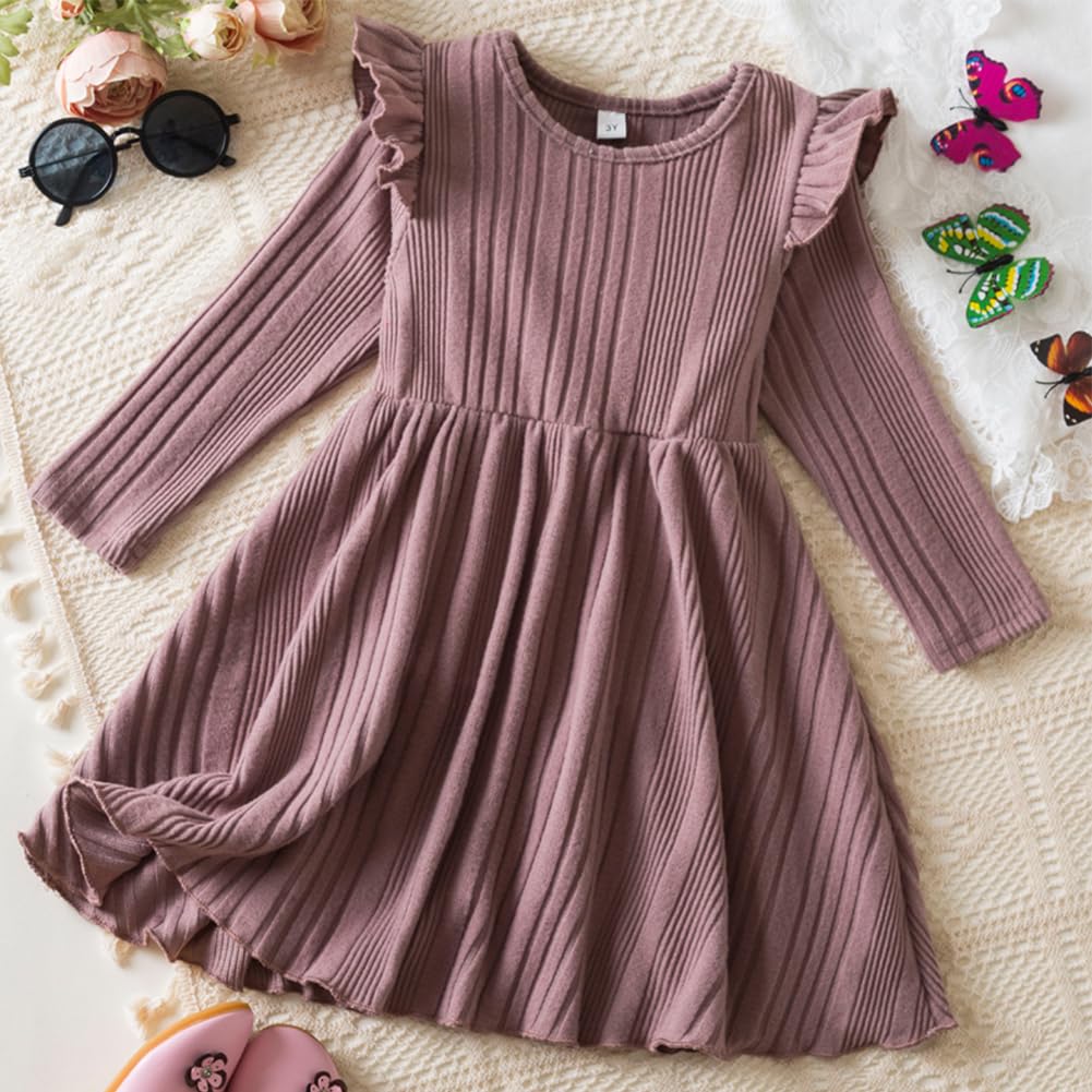 IBAKOM Vestido de otoño para niñas y niñas, de manga larga, con volantes, de punto acanalado, elegante, vestido de princesa, vestido de fiesta de Navidad, trajes de invierno