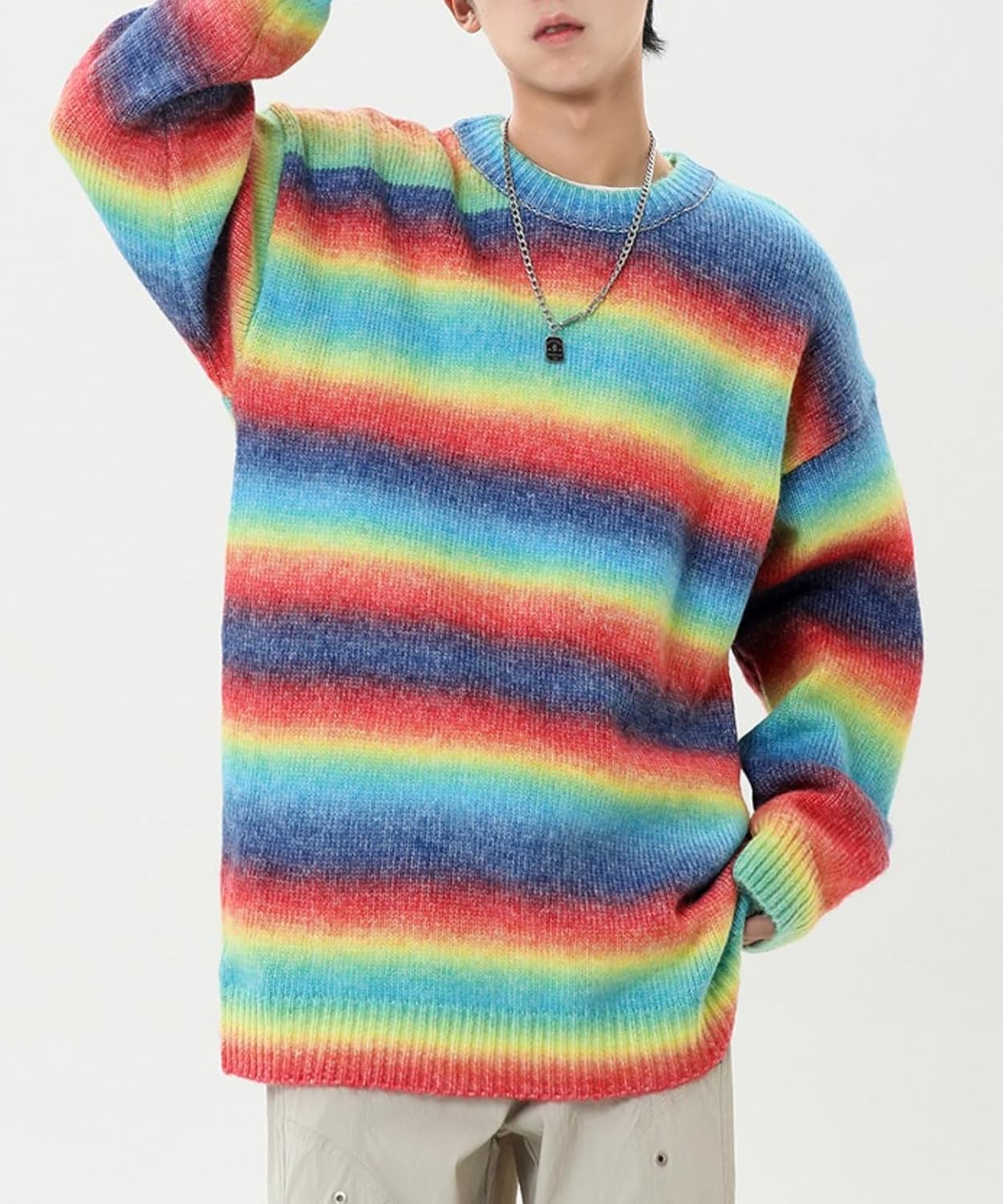 POHADON Men's Oversized Color Block Striped Knitted Sweater Fall Winter Fuzzy Crewneck Pullover Tops Trendy Y2k Clothes