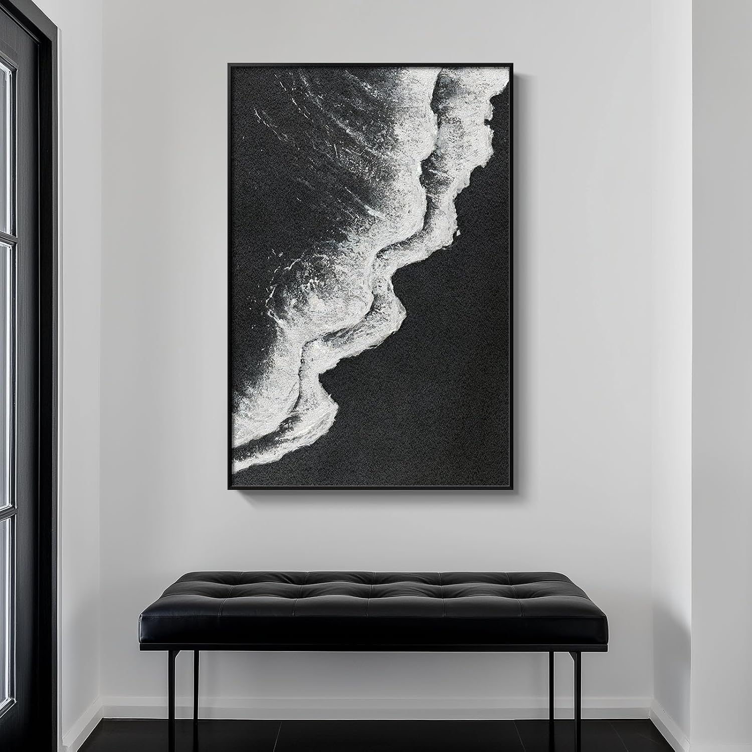 framed black and white abstract beach canvas wall art, modern minimalist art prints paintings artwork for walls, ocean wave pictures for living room dining room bedroom bathroom wall decor 24x36 in 36l" x 24w" sea wave